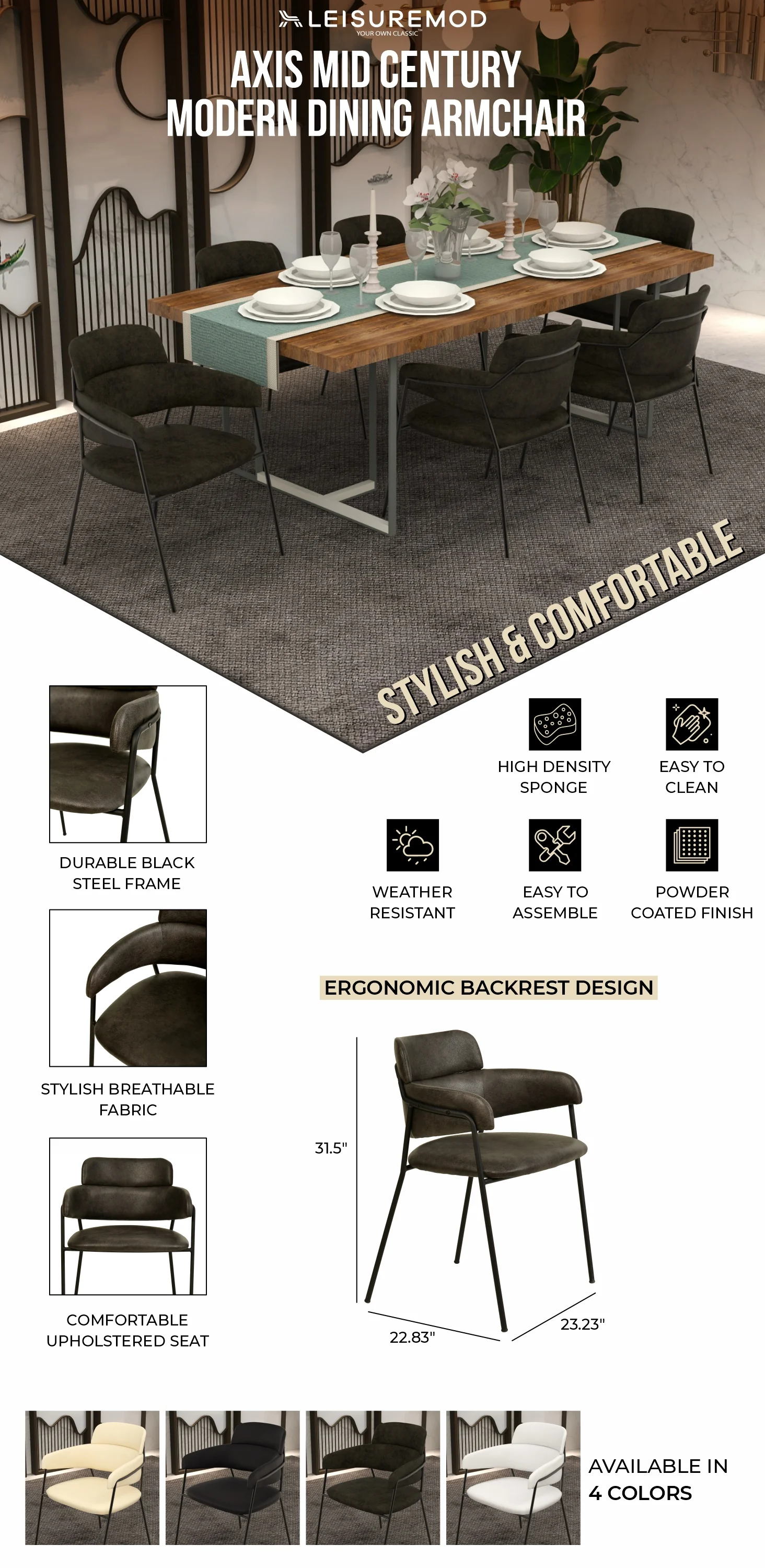 Axis Collection Modern Dining Chair in Charcoal - Set of 2