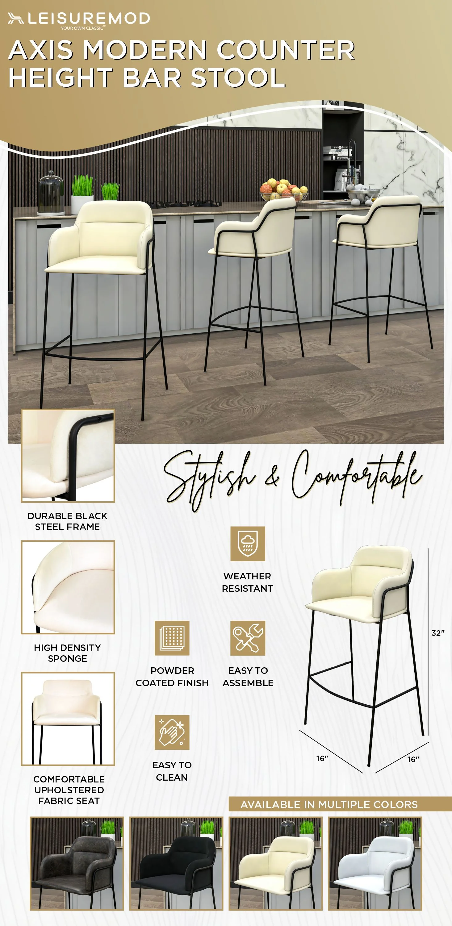 Axis Collection Modern Bar height Chair in Biege