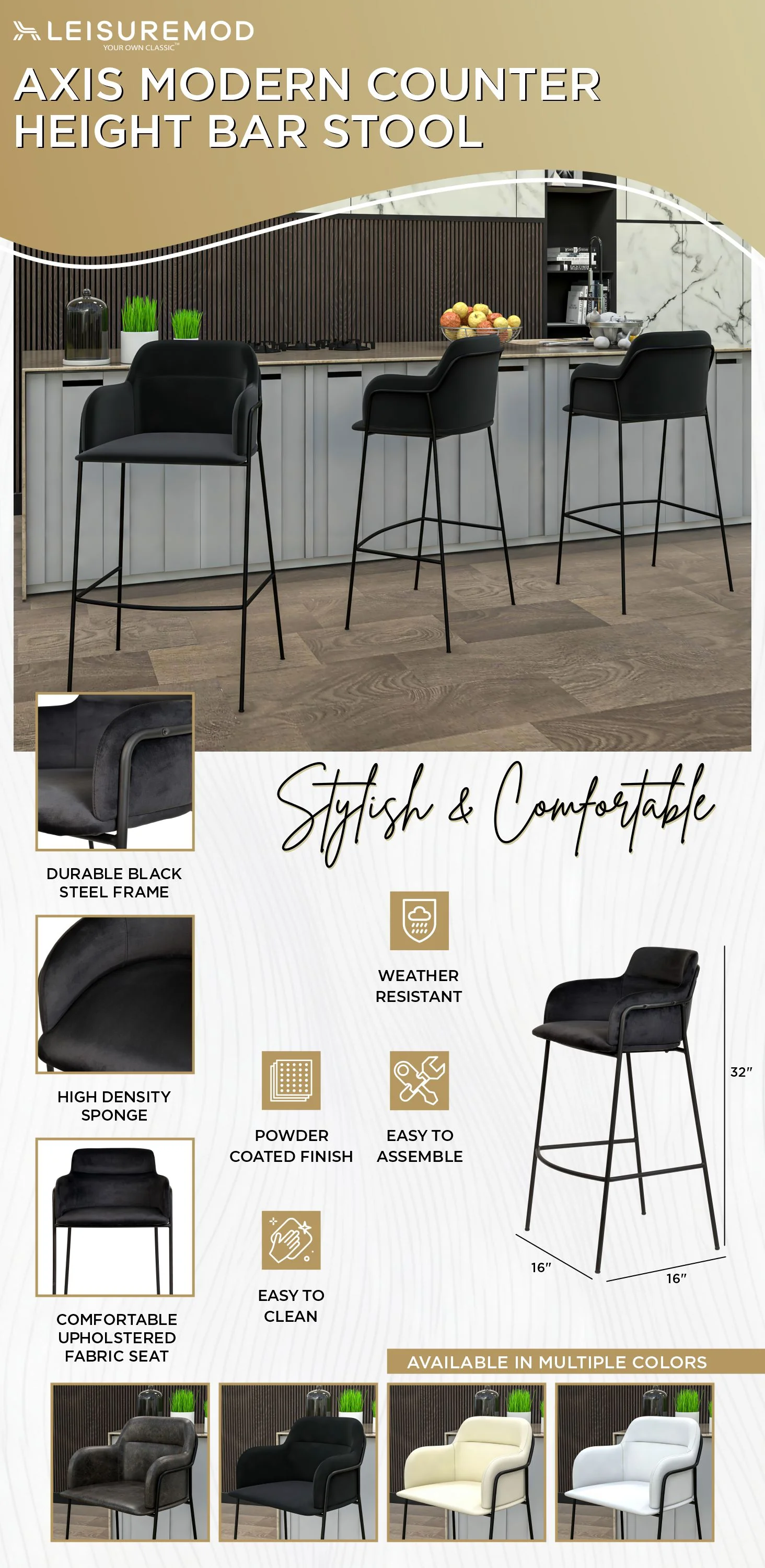 Axis Collection Modern Bar height Chair in Black