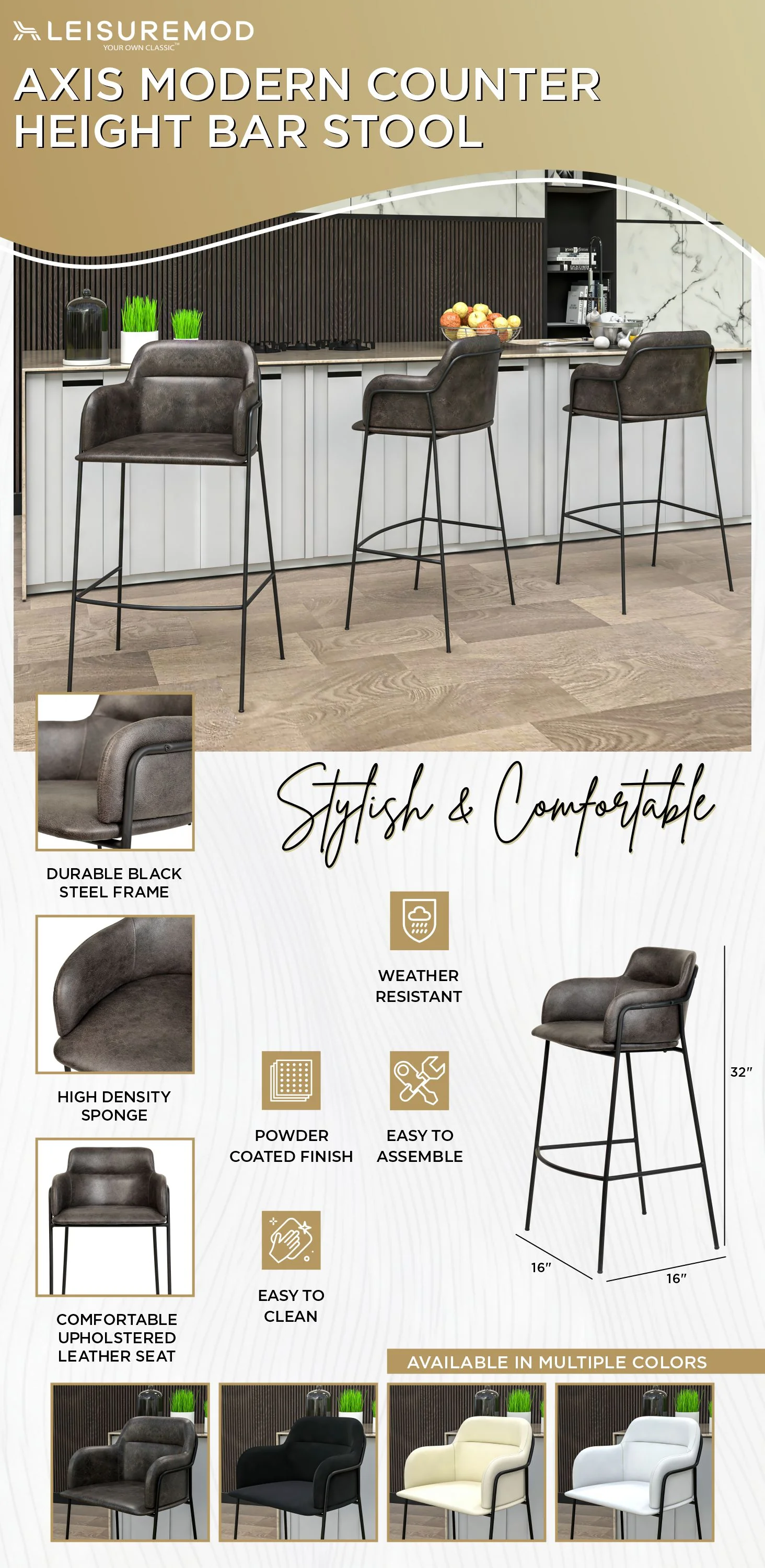 Axis Collection Modern Bar height Chair in Charcoal