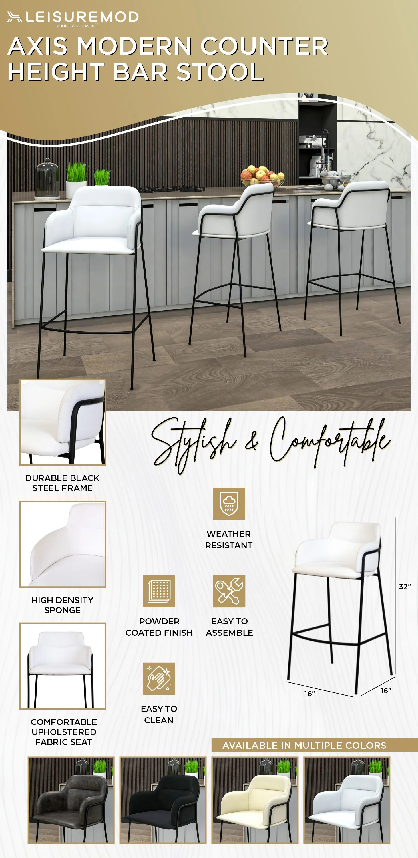 Axis Collection Modern Bar height Chair in White