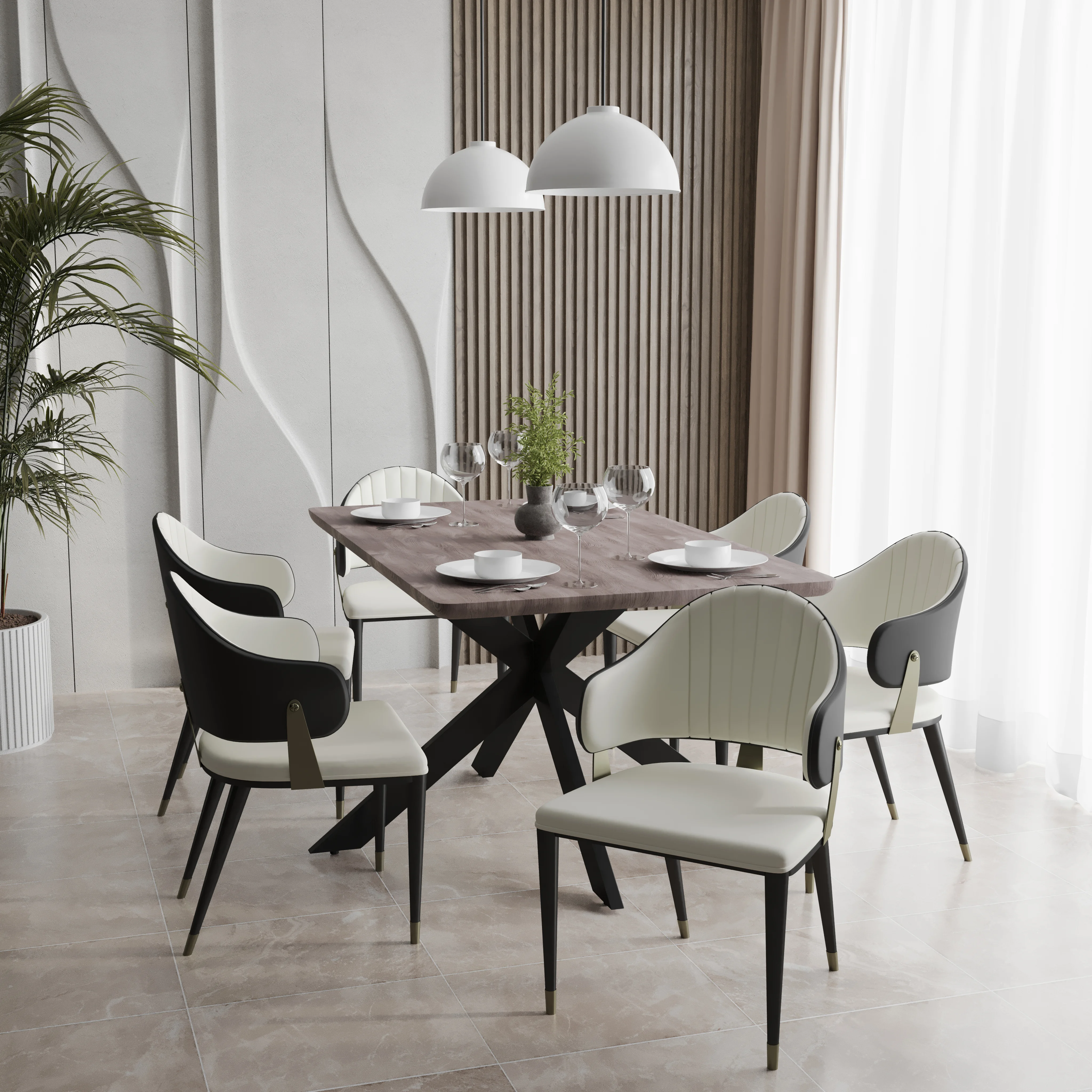 Ravenna 7-Piece Dining Set with Rectangular Dining Table in Rustic Gray MDF Top and 4 Dining Chairs in Black Leather