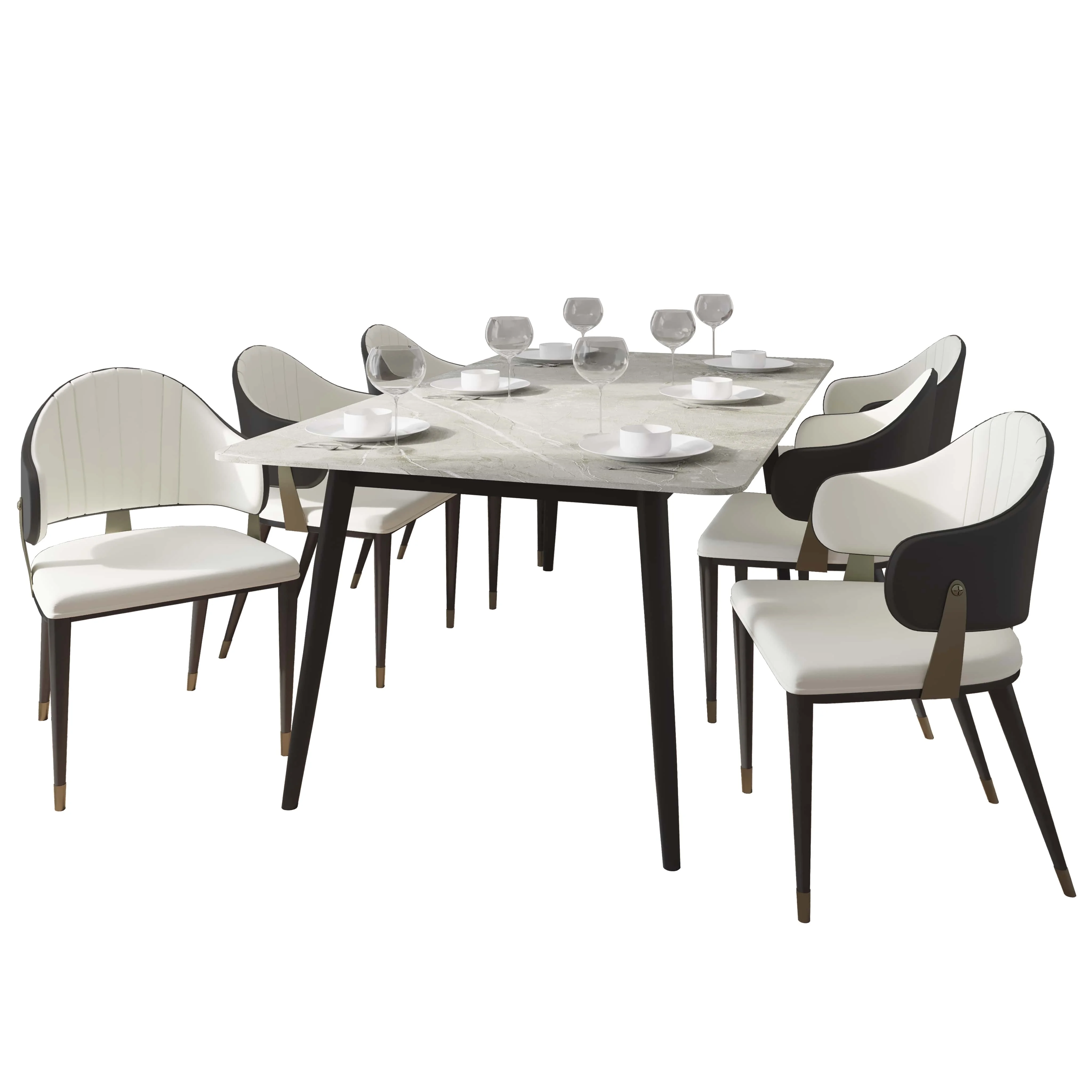 Zayle 7-Piece Dining Set with 55" Rectangular Sintered Stone Top Table and 4 Leather Dining Chair in Black