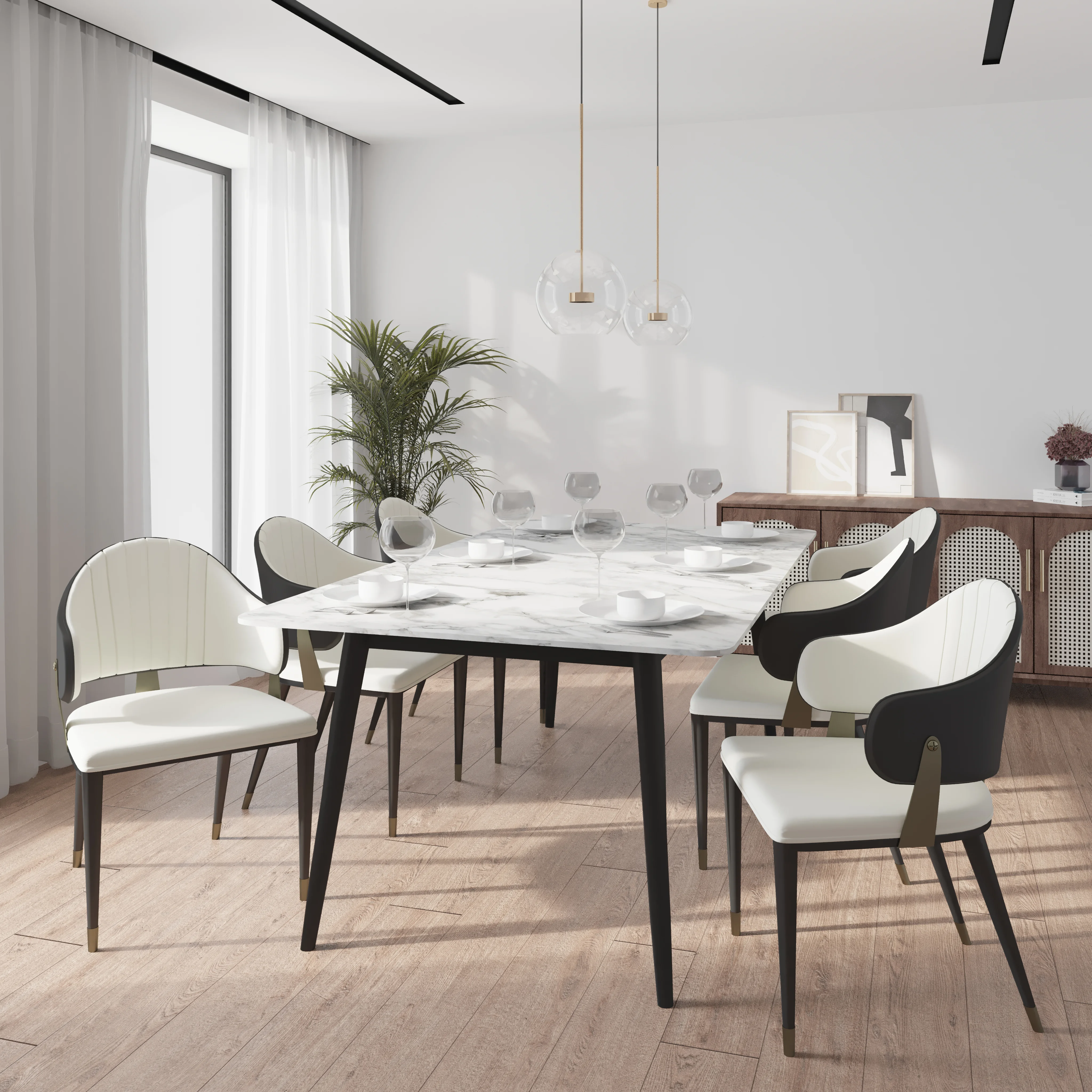 Zayle 7-Piece Dining Set with 55" Rectangular Dining Table in White/Gold Sintered Stone Top and 6 Leather Dining Chairs in Black