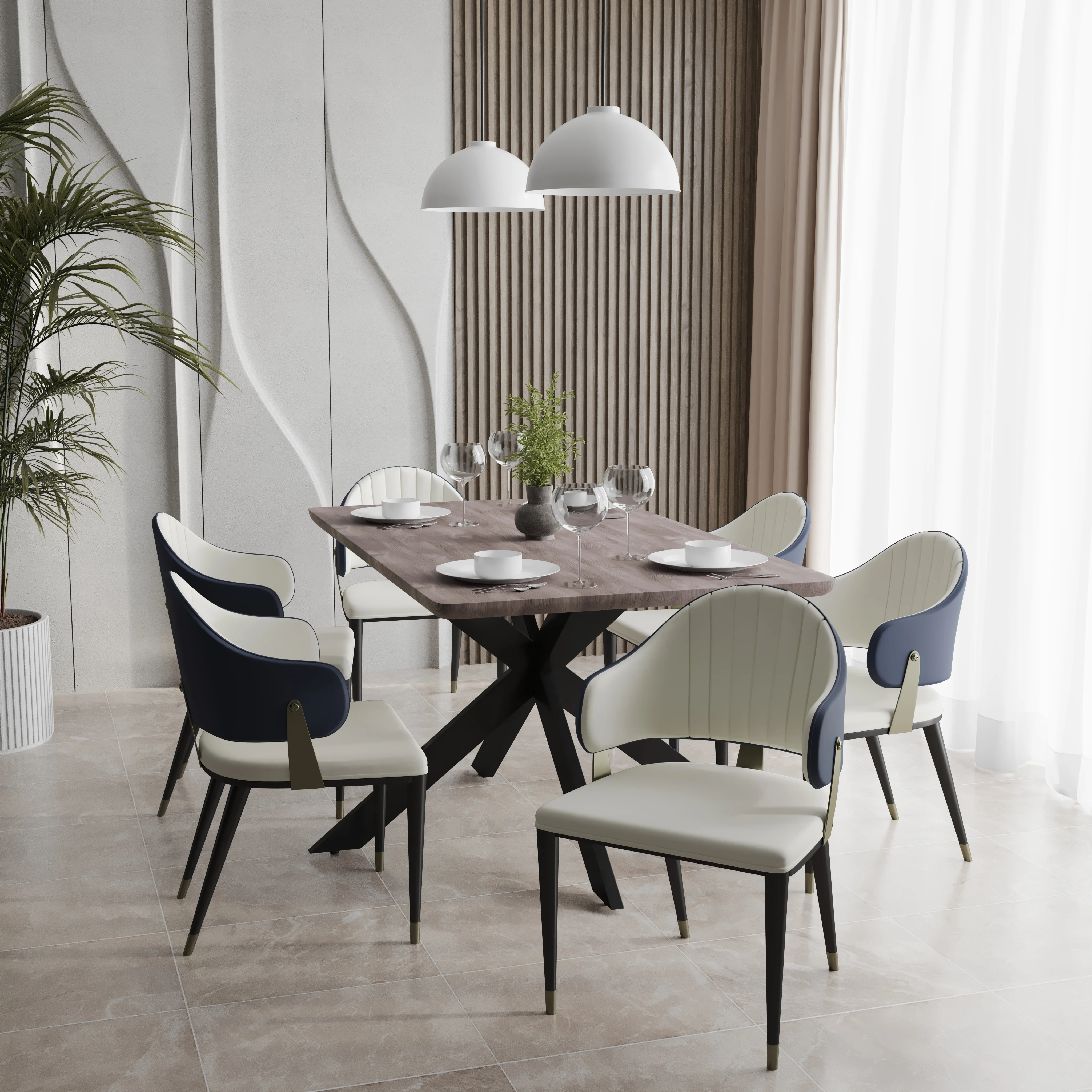 Ravenna 7-Piece Dining Set with Rectangular Dining Table in Rustic Gray MDF Top and 4 Dining Chairs in Blue Leather