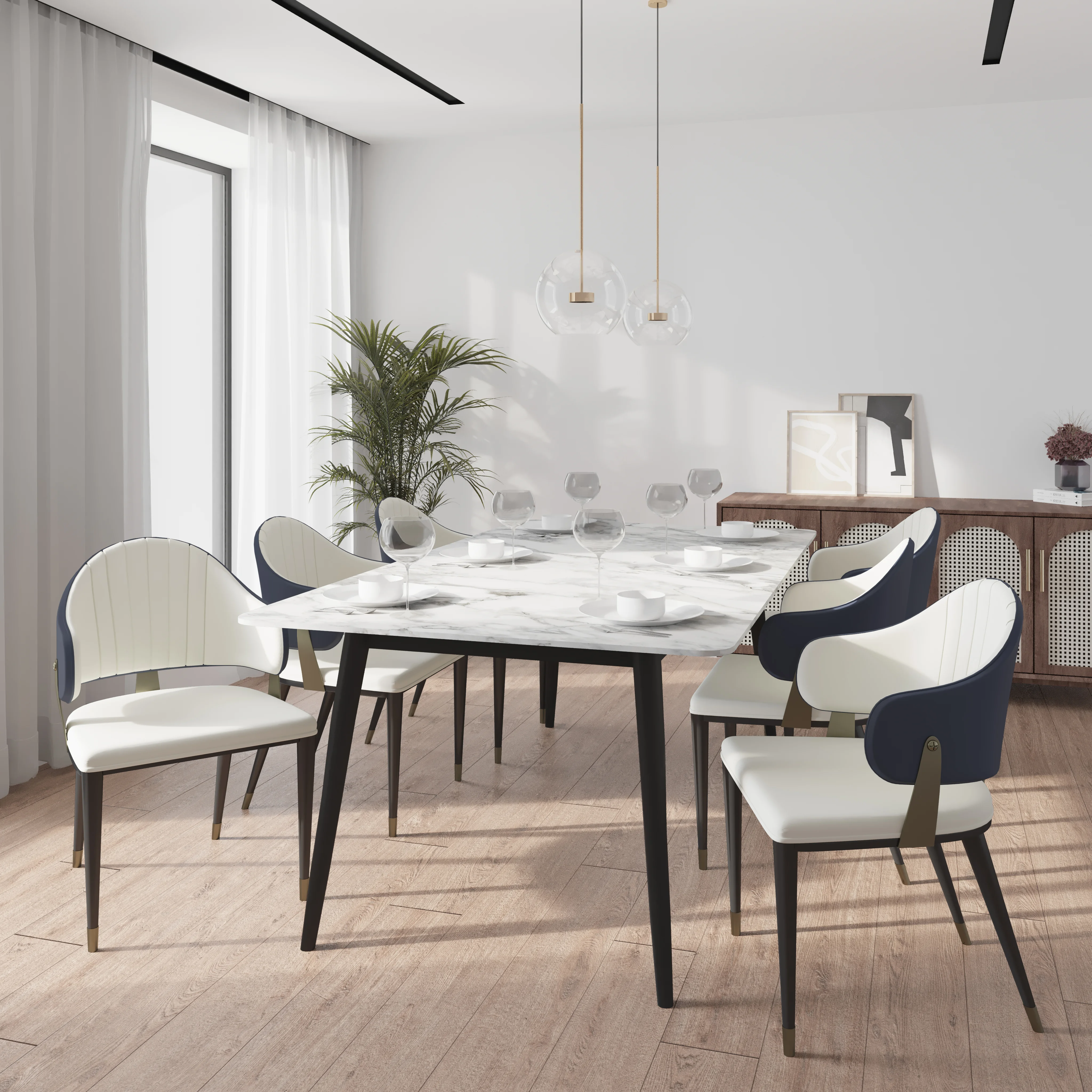 Zayle 7-Piece Dining Set with 55" Rectangular Dining Table in White/Gold Sintered Stone Top and 6 Leather Dining Chairs in Blue