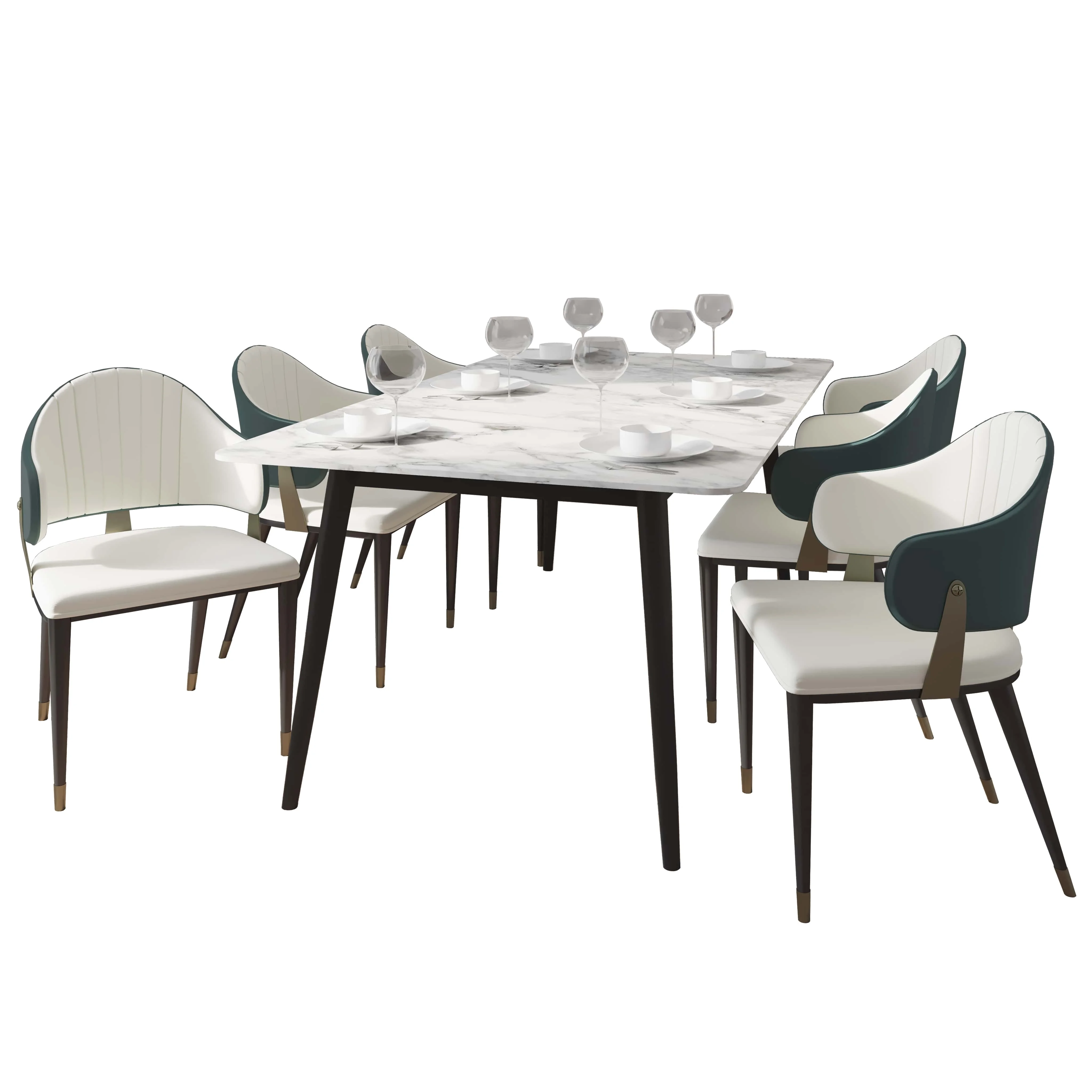 Zayle 7-Piece Dining Set with 55" Rectangular Dining Table in White/Gold Sintered Stone Top and 6 Leather Dining Chairs in Green