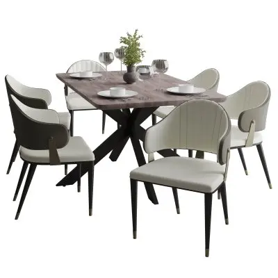 Ravenna 7-Piece Dining Set with Rectangular Dining Table in Rustic Gray MDF Top and 4 Dining Chairs in Grey Leather