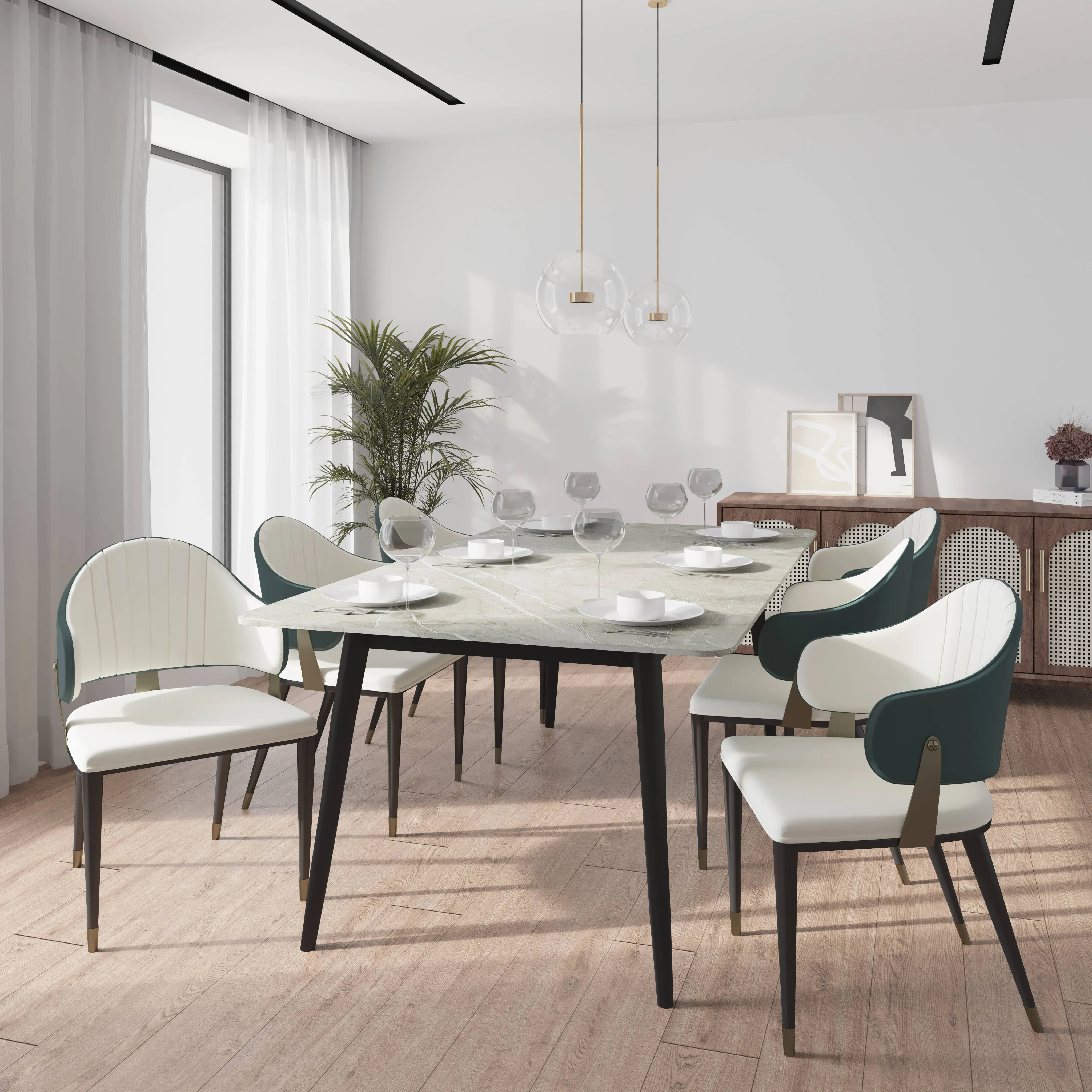 Zayle 7-Piece Dining Set with 55" Rectangular Sintered Stone Top Table and 4 Leather Dining Chair in Green