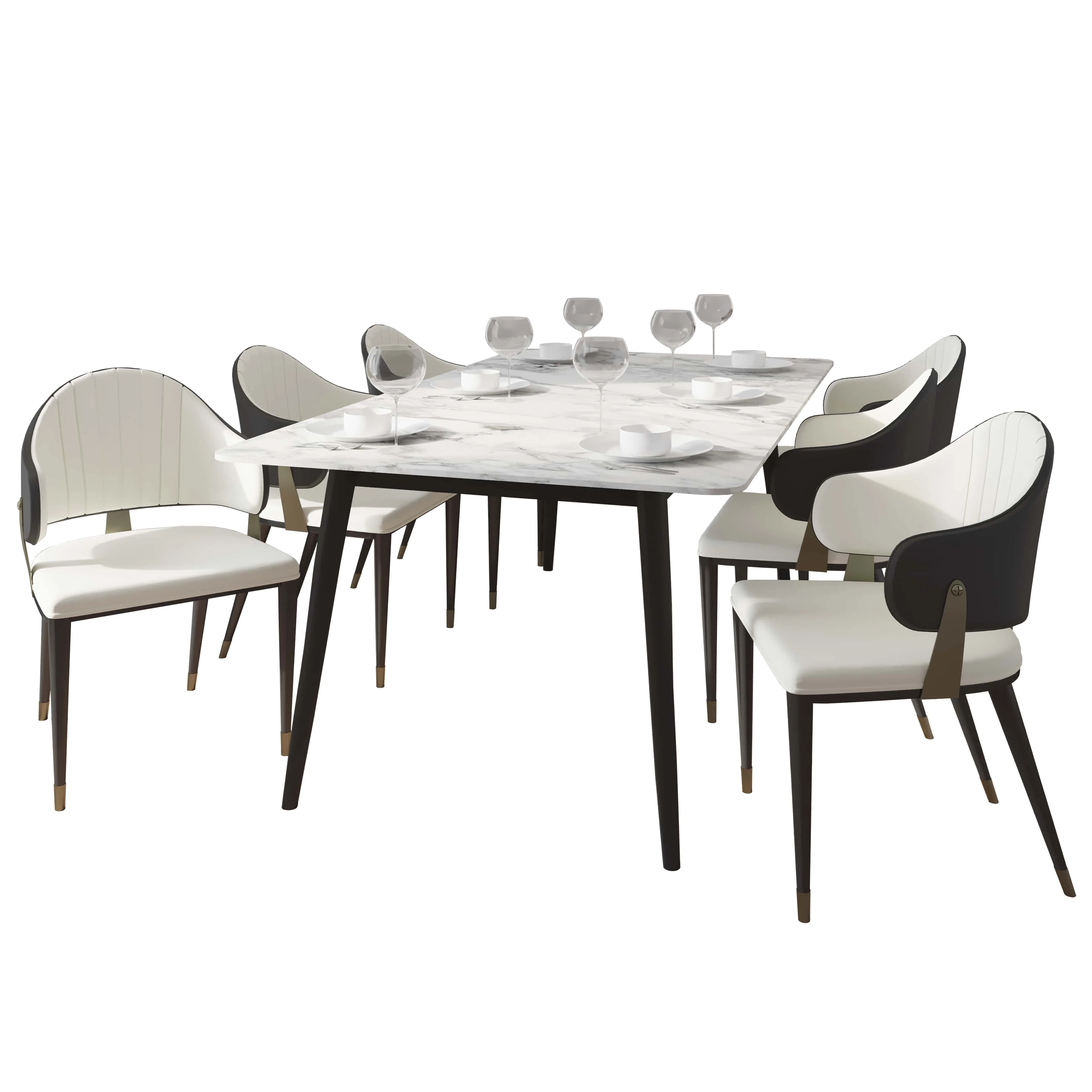 Zayle 7-Piece Dining Set with 55" Rectangular Dining Table in White/Gold Sintered Stone Top and 6 Leather Dining Chairs in Grey