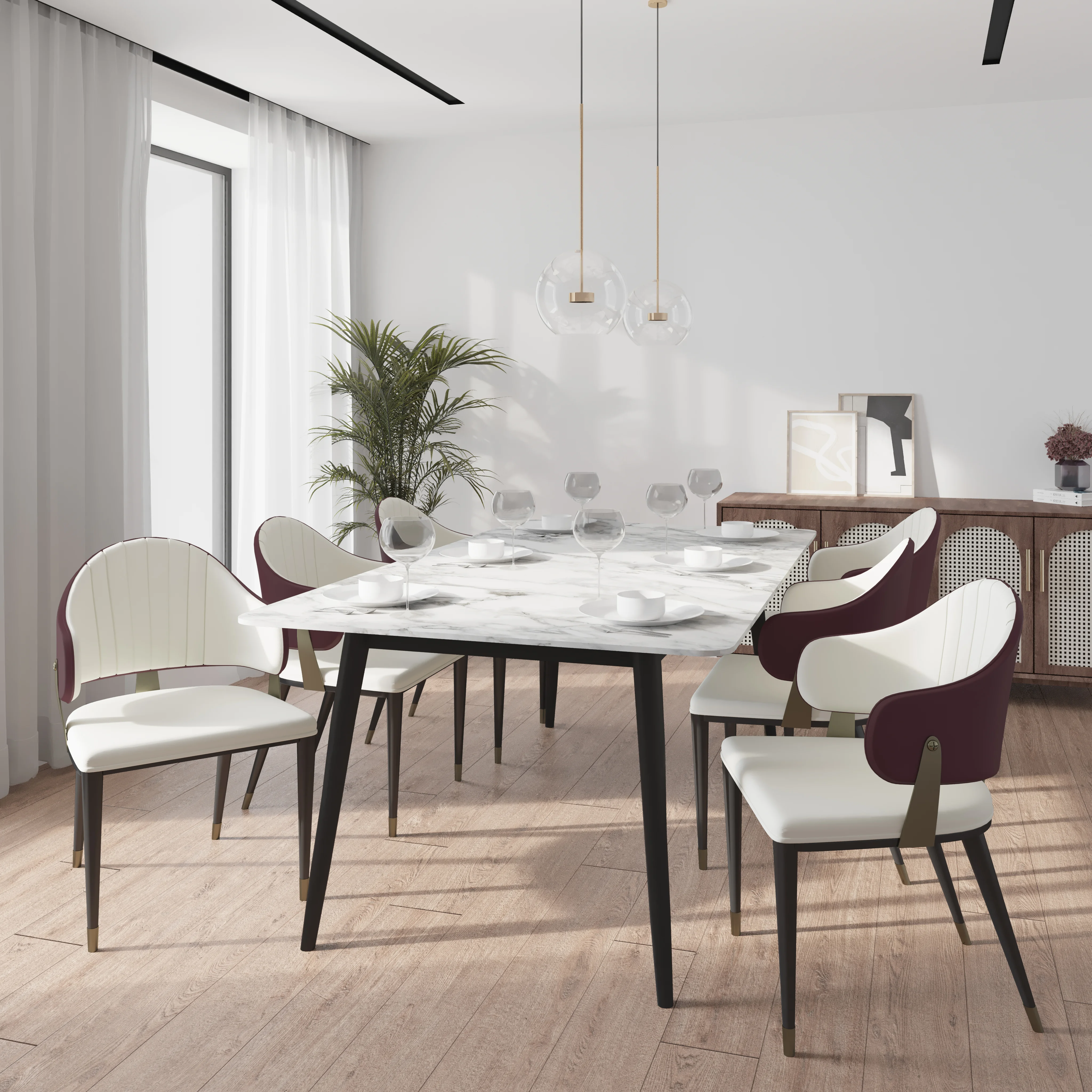 Zayle 7-Piece Dining Set with 55" Rectangular Dining Table in White/Gold Sintered Stone Top and 6 Leather Dining Chairs in Red