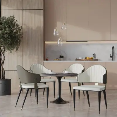 Verve 5-Piece Dining Set with 36" Round Resin Top Table and 4 Leather Dining Chair in Taupe