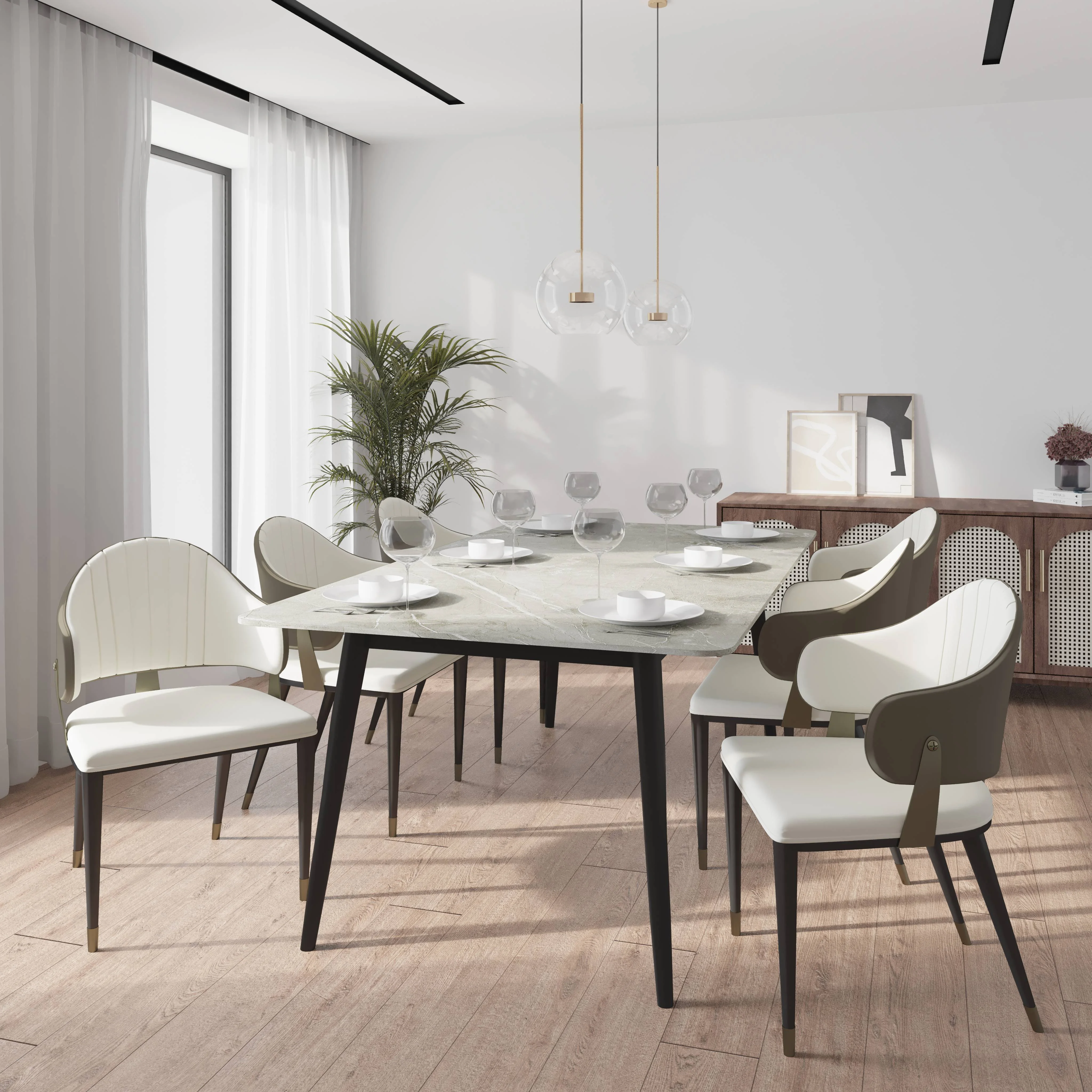 Zayle 7-Piece Dining Set with 55" Rectangular Sintered Stone Top Table and 4 Leather Dining Chair in Taupe