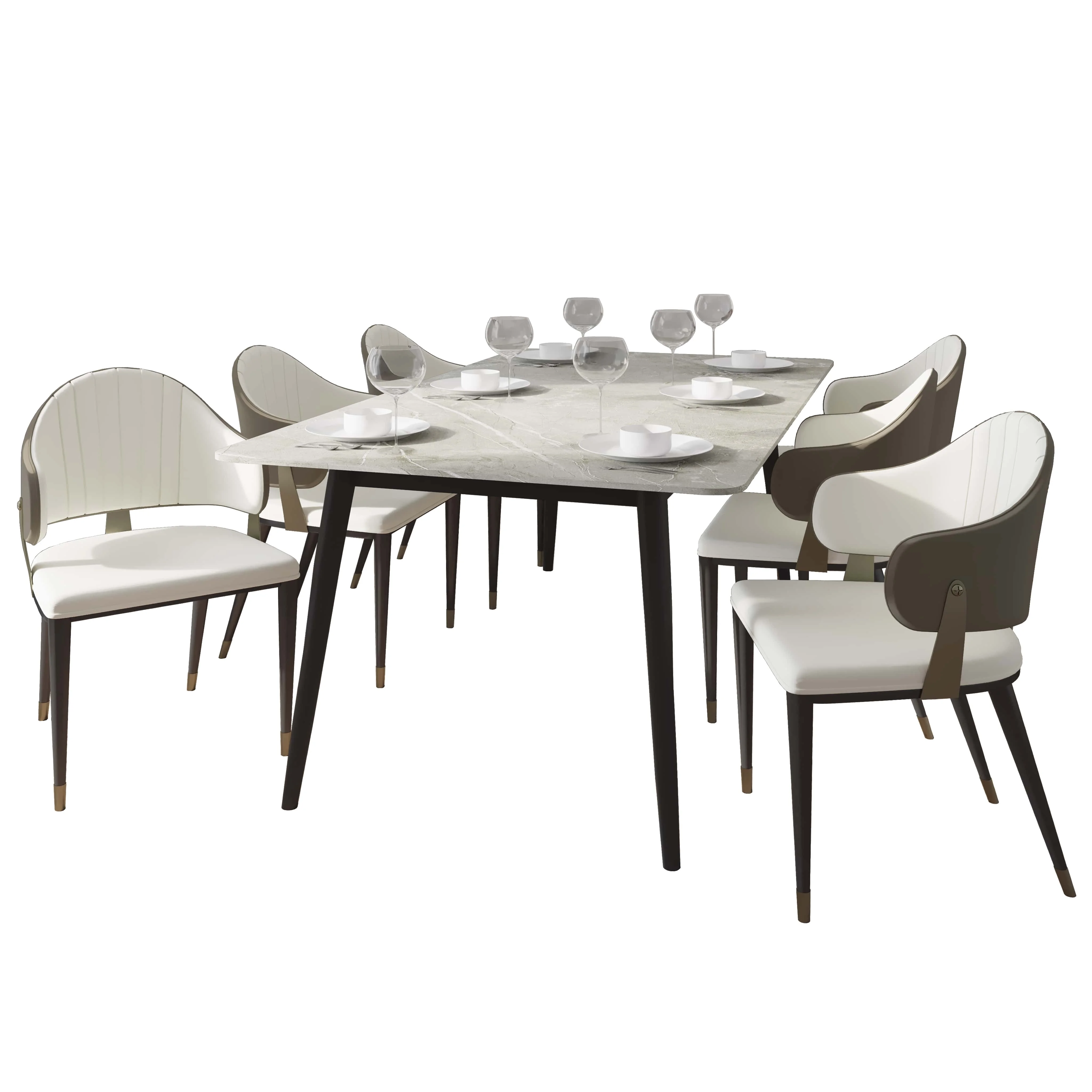 Zayle 7-Piece Dining Set with 55" Rectangular Sintered Stone Top Table and 4 Leather Dining Chair in Taupe