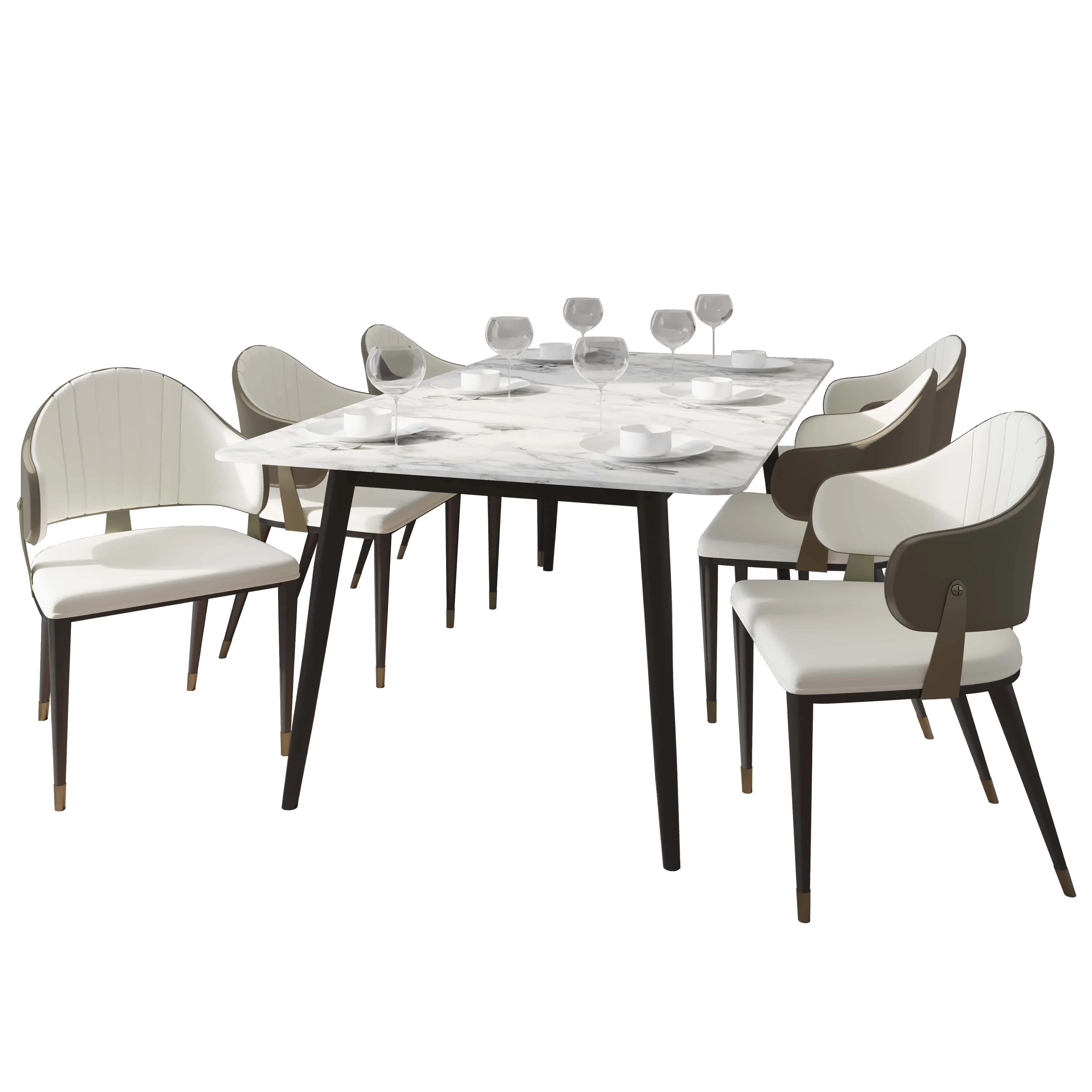 Zayle 7-Piece Dining Set with 55" Rectangular Dining Table in White/Gold Sintered Stone Top and 6 Leather Dining Chairs in Taupe
