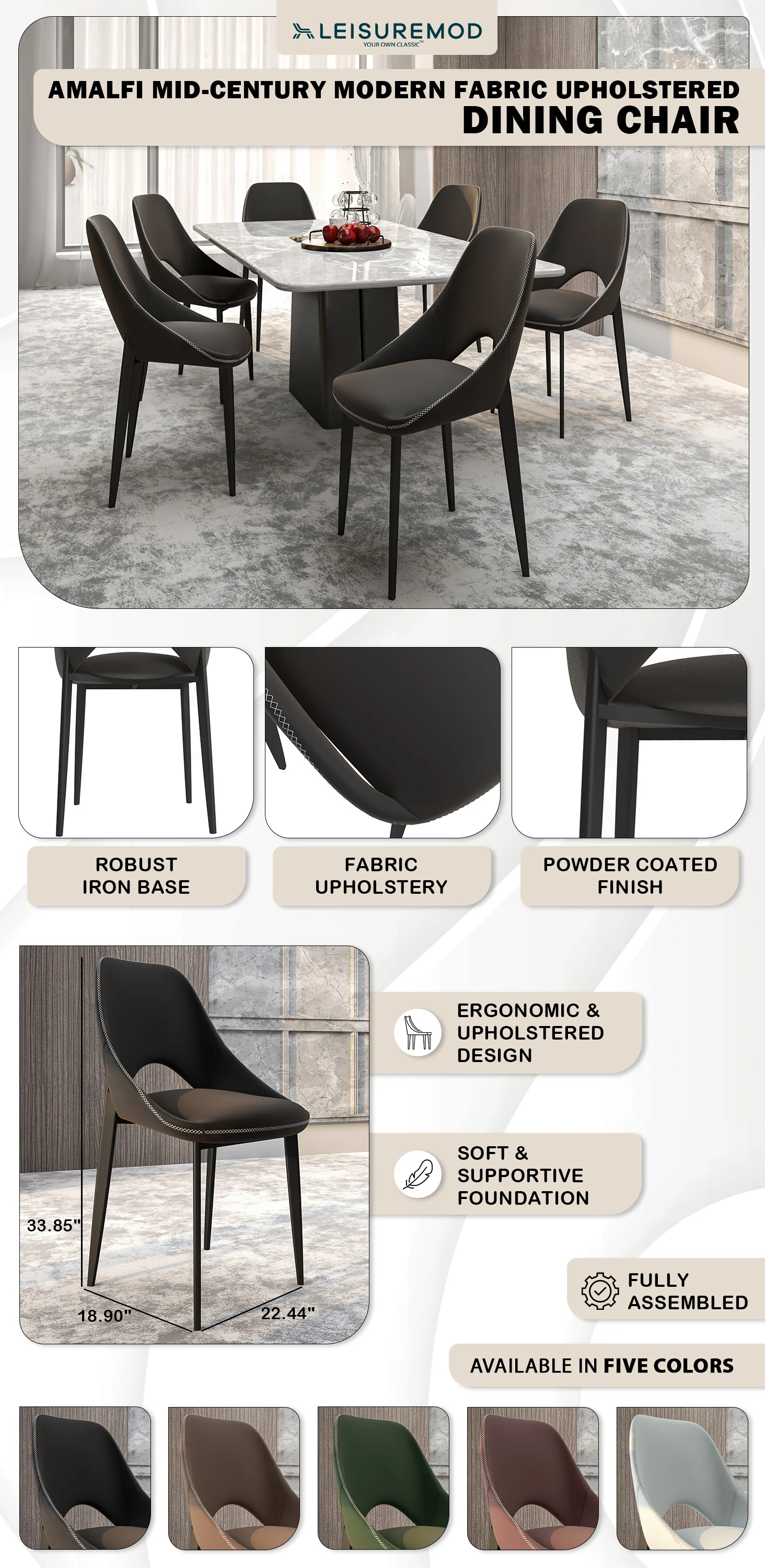 Amalfi Collection Fabric Modern Dining Chair in Charcoal - Set of 4