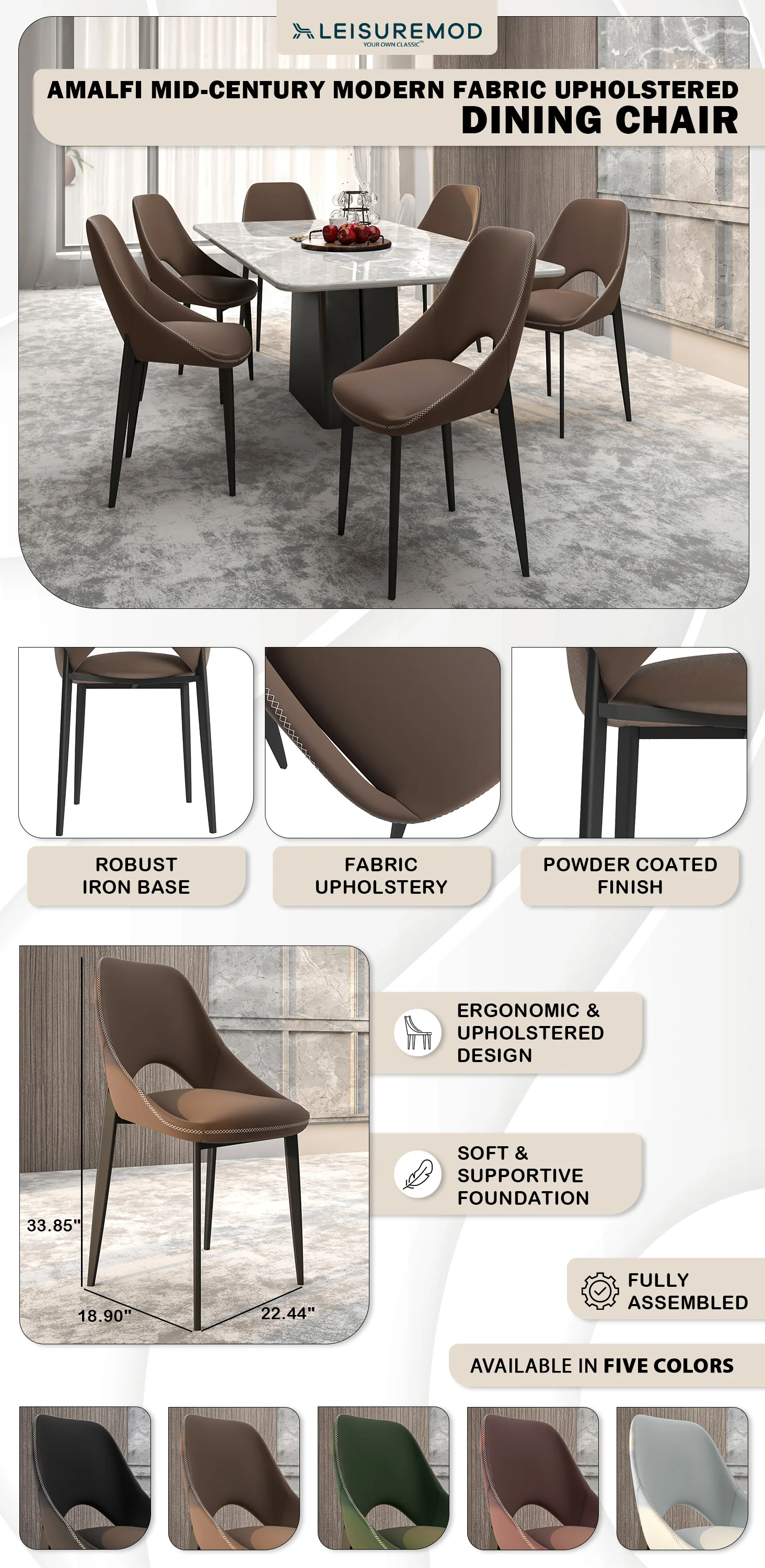 Amalfi Collection Fabric Modern Dining Chair in Light Brown - Set of 2