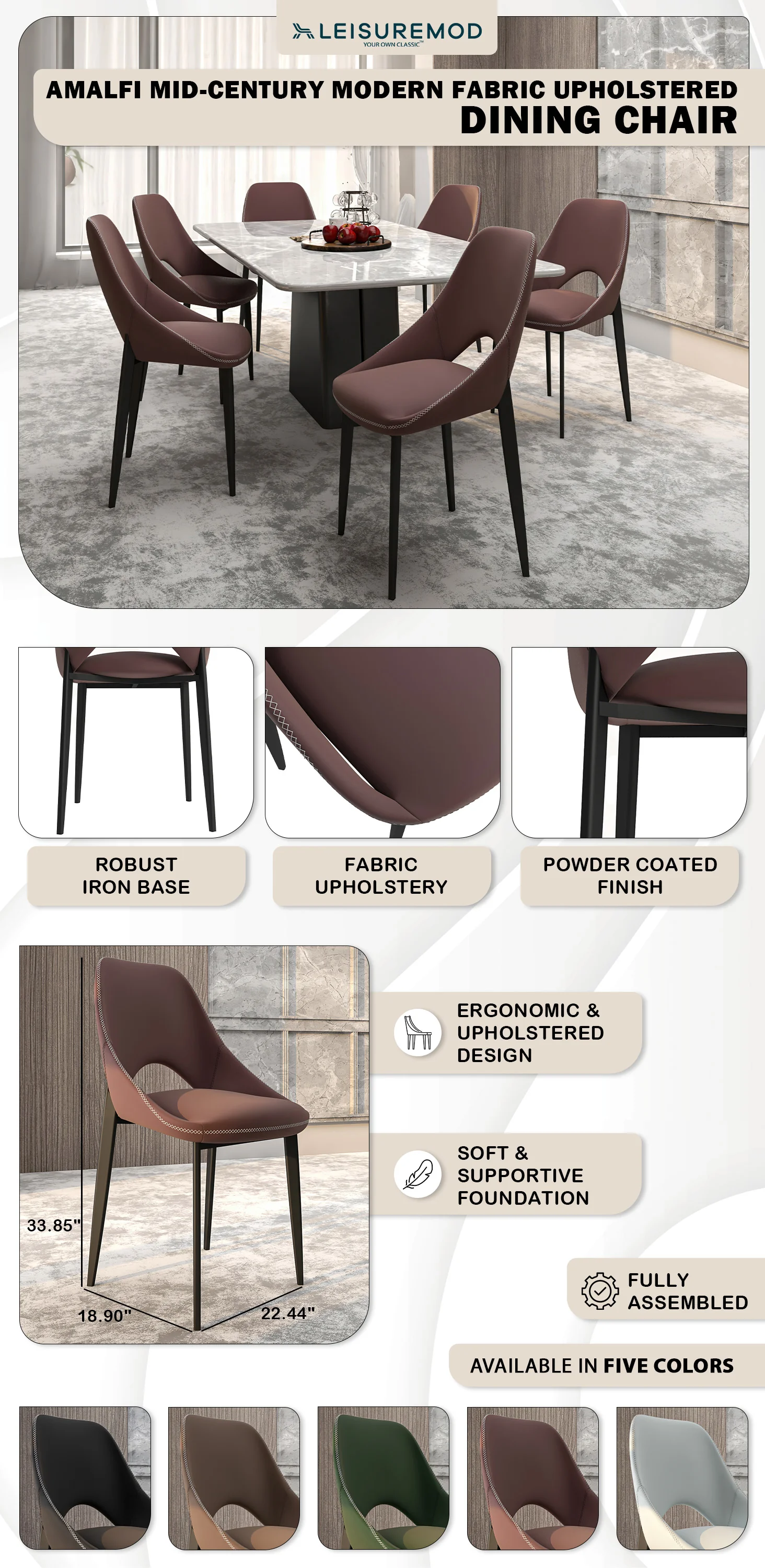 Amalfi Collection Fabric Modern Dining Chair in Plum Purple - Set of 2