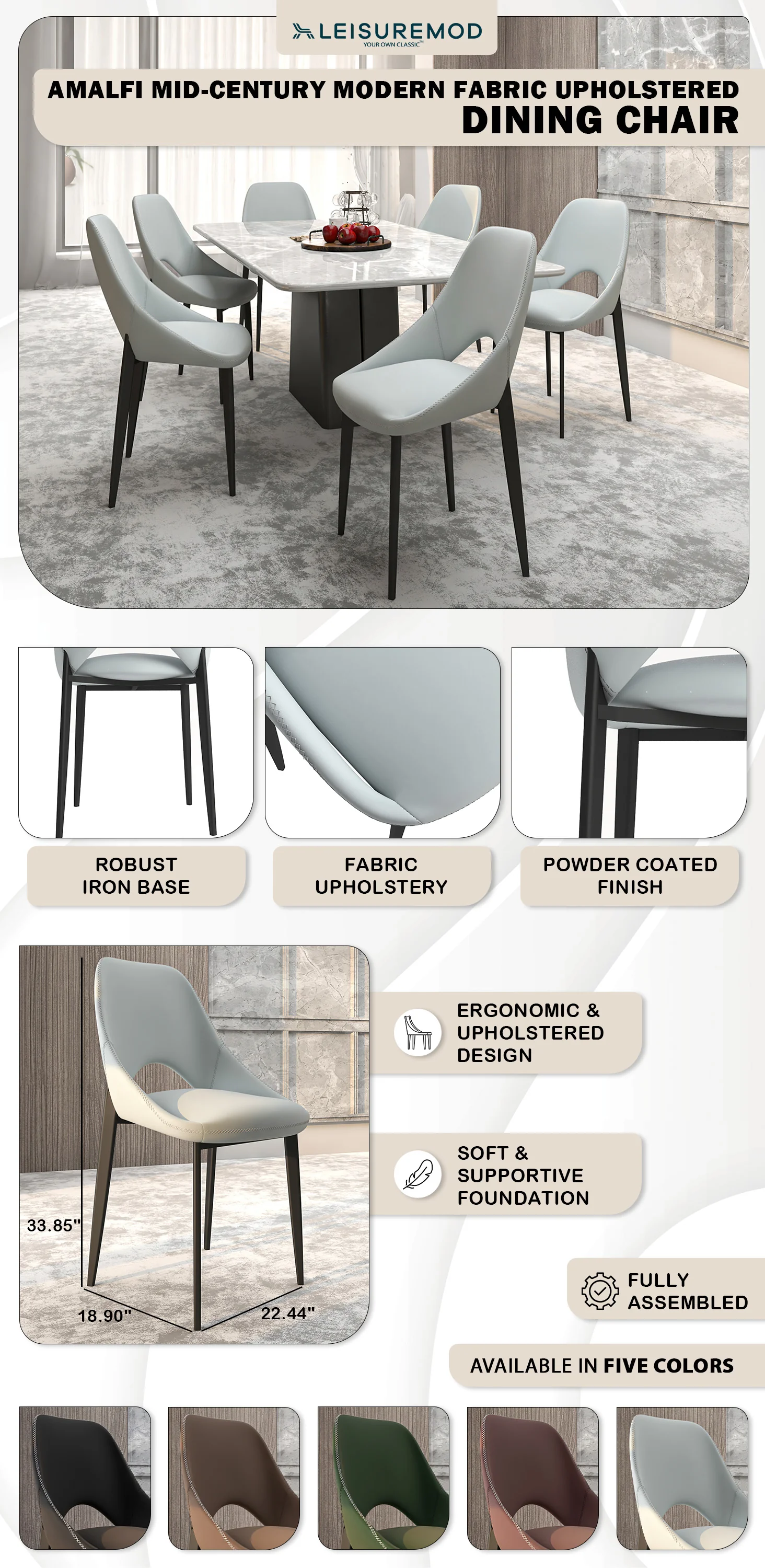 Amalfi Collection Modern Fabric Dining Chair in Coconut White