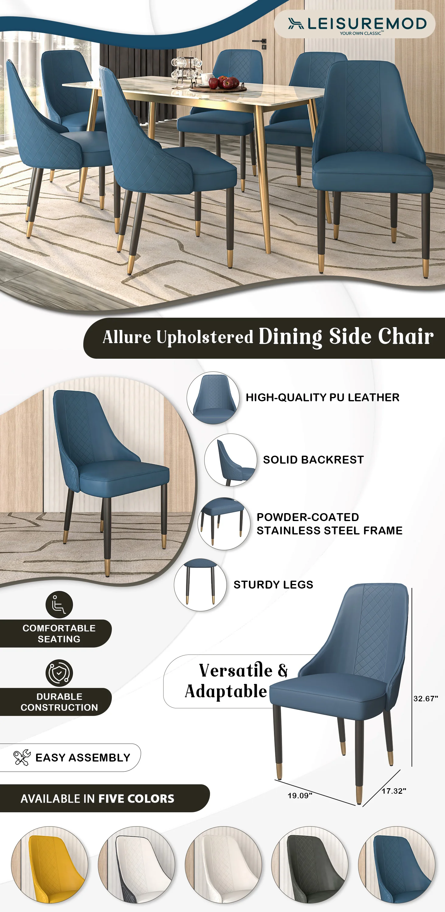 Allure Collection Modern Dining Chair In Yale Blue Fabric - Set of 4