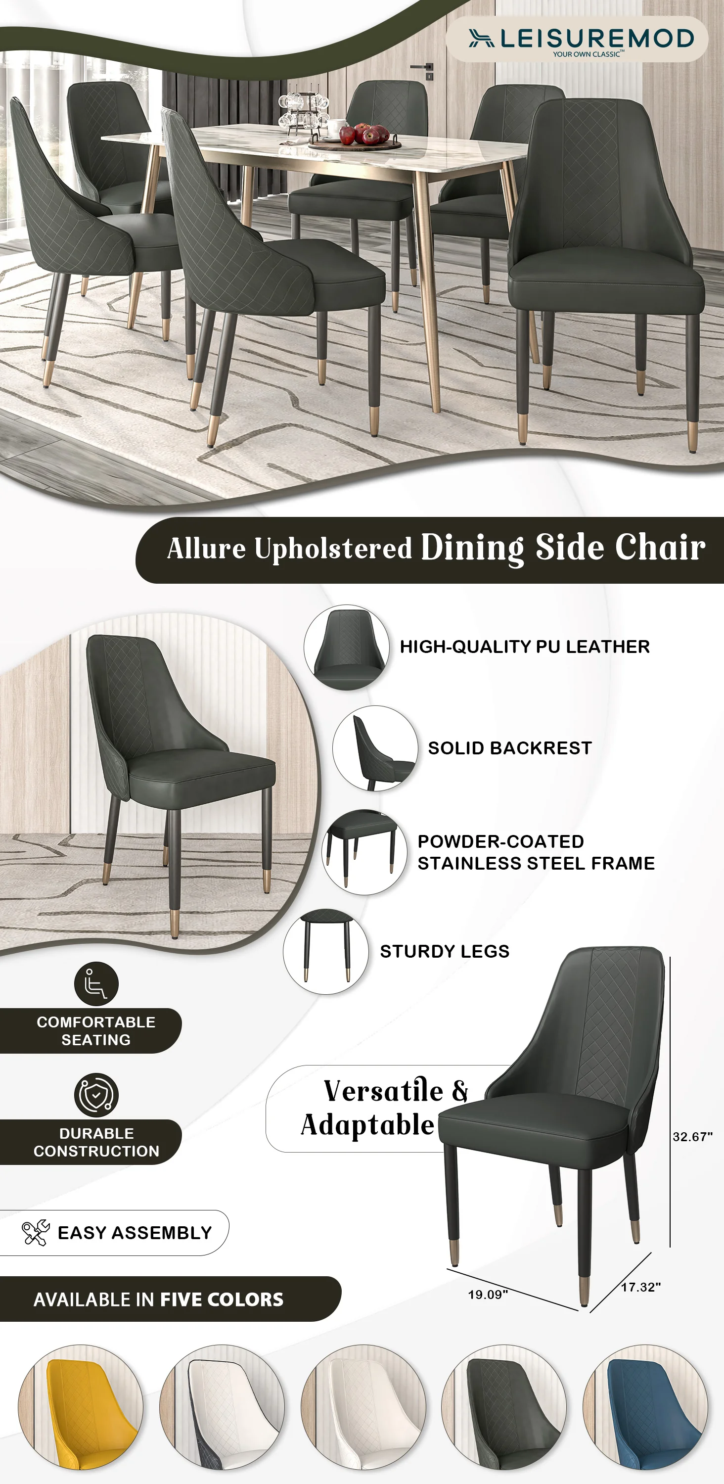 Allure Collection Modern Dining Chair In Olive Green Fabric - Set of 2