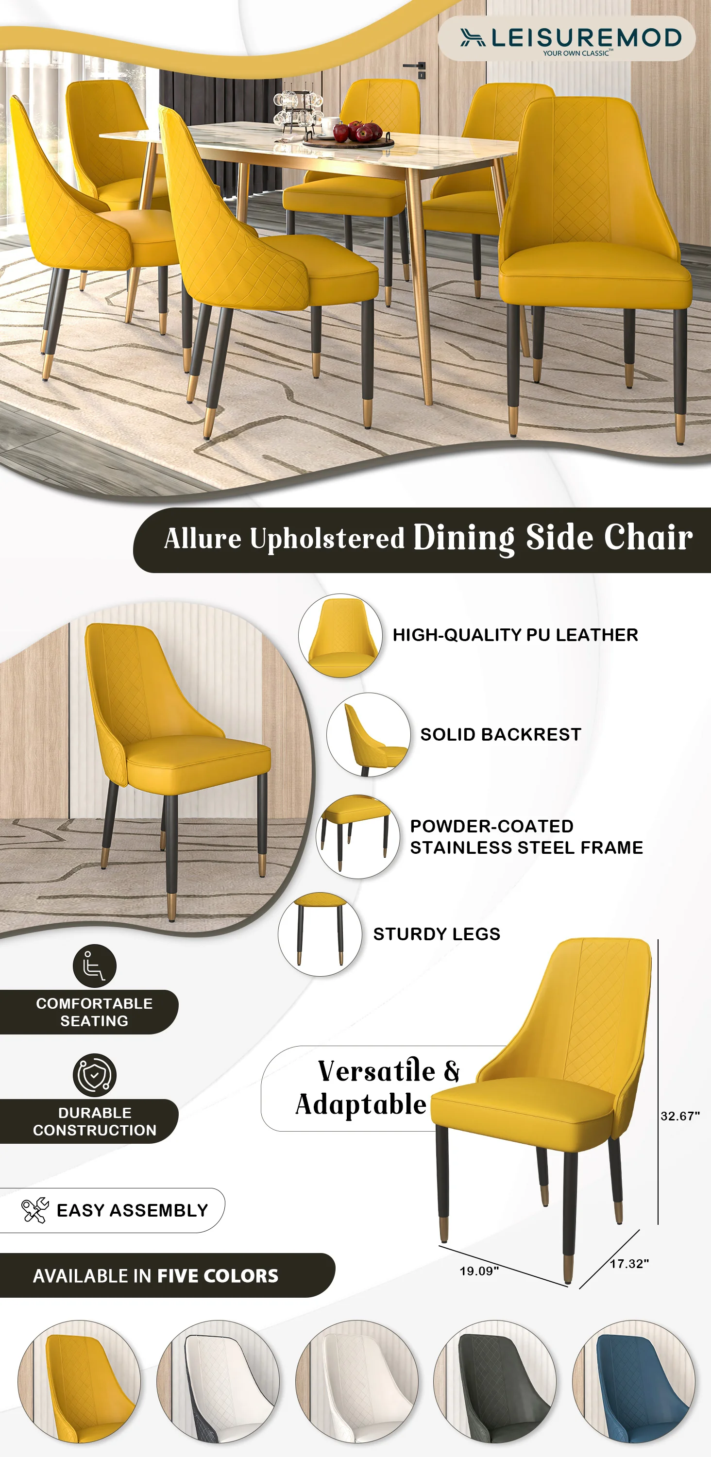 Allure Collection Modern Dining Chair In Mustard Yellow - Set of 4