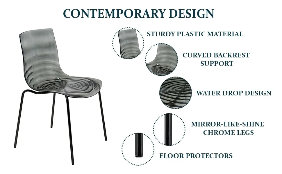 Astor Water Ripple Design Dining Chair in Black Base Trans Black Seat Set of 2