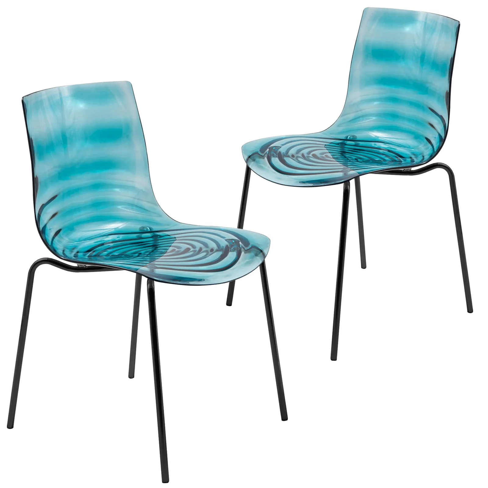 Astor Water Ripple Design Dining Chair in Black Base Trans Blue Seat Set of 2