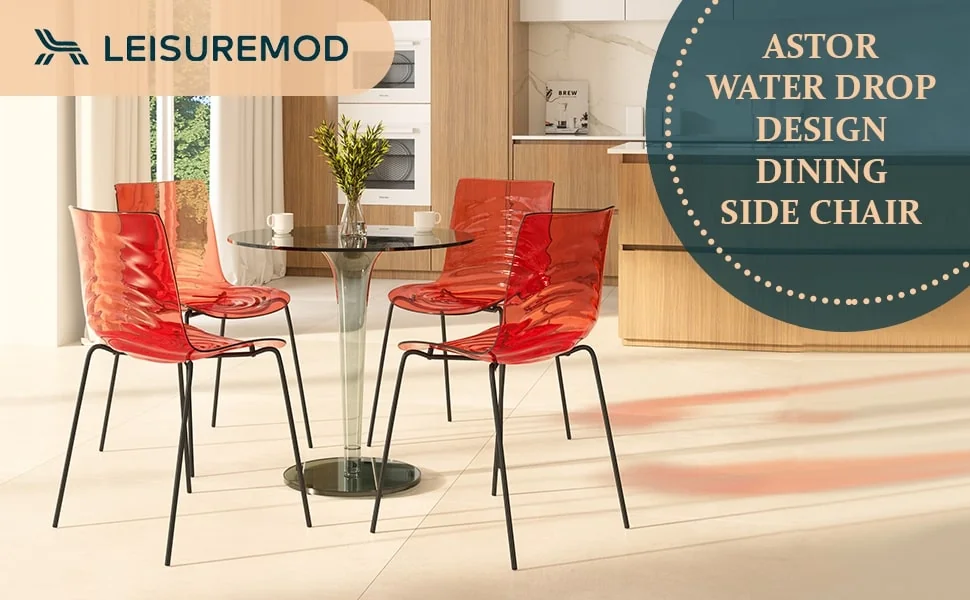 Astor Water Ripple Design Dining Chair in Black Base Trans Red Seat Set of 4