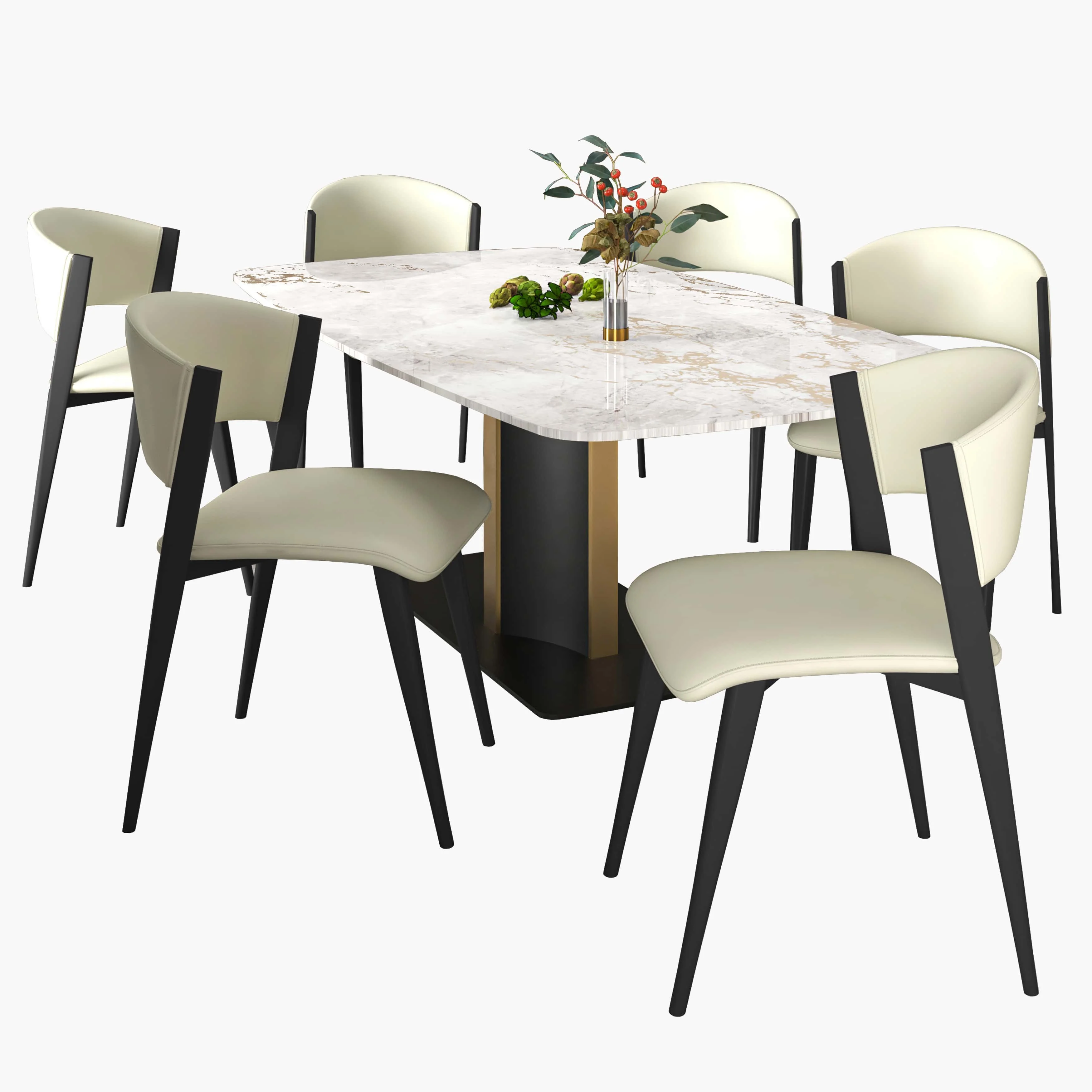 7-Piece Dining Set with Rectangular Dining Table in Sintered Stone Top and 6 Leather Dining Side Chairs