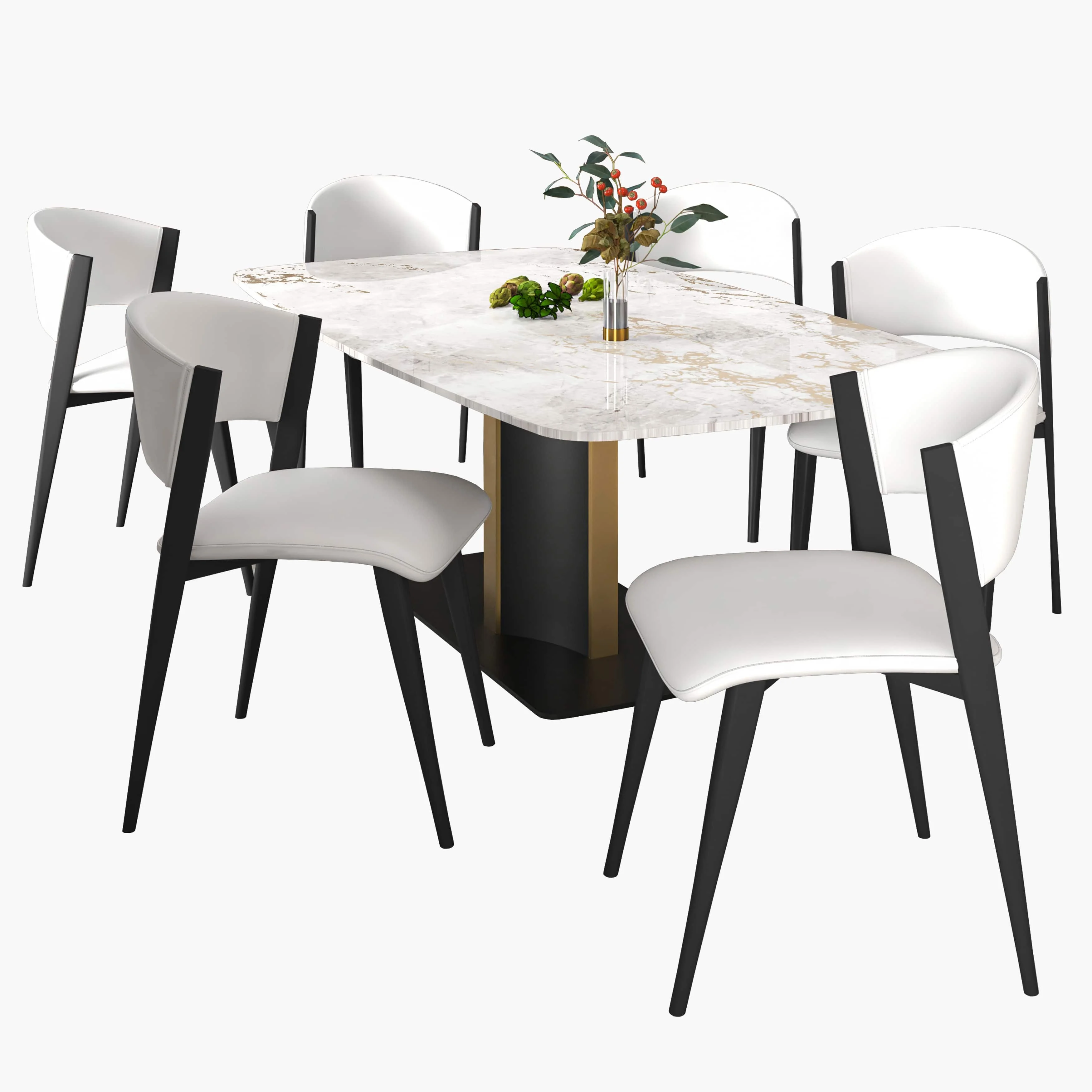 7-Piece Dining Set with Rectangular Dining Table in Sintered Stone Top and 6 Leather Dining Side Chairs