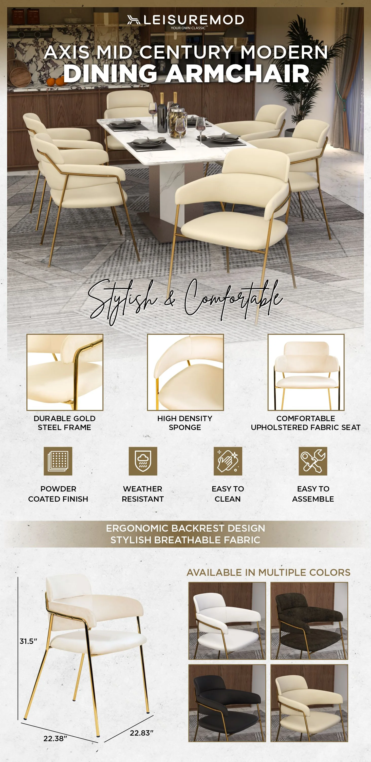 Axis Collection Modern Gold Dining Chair in Beige