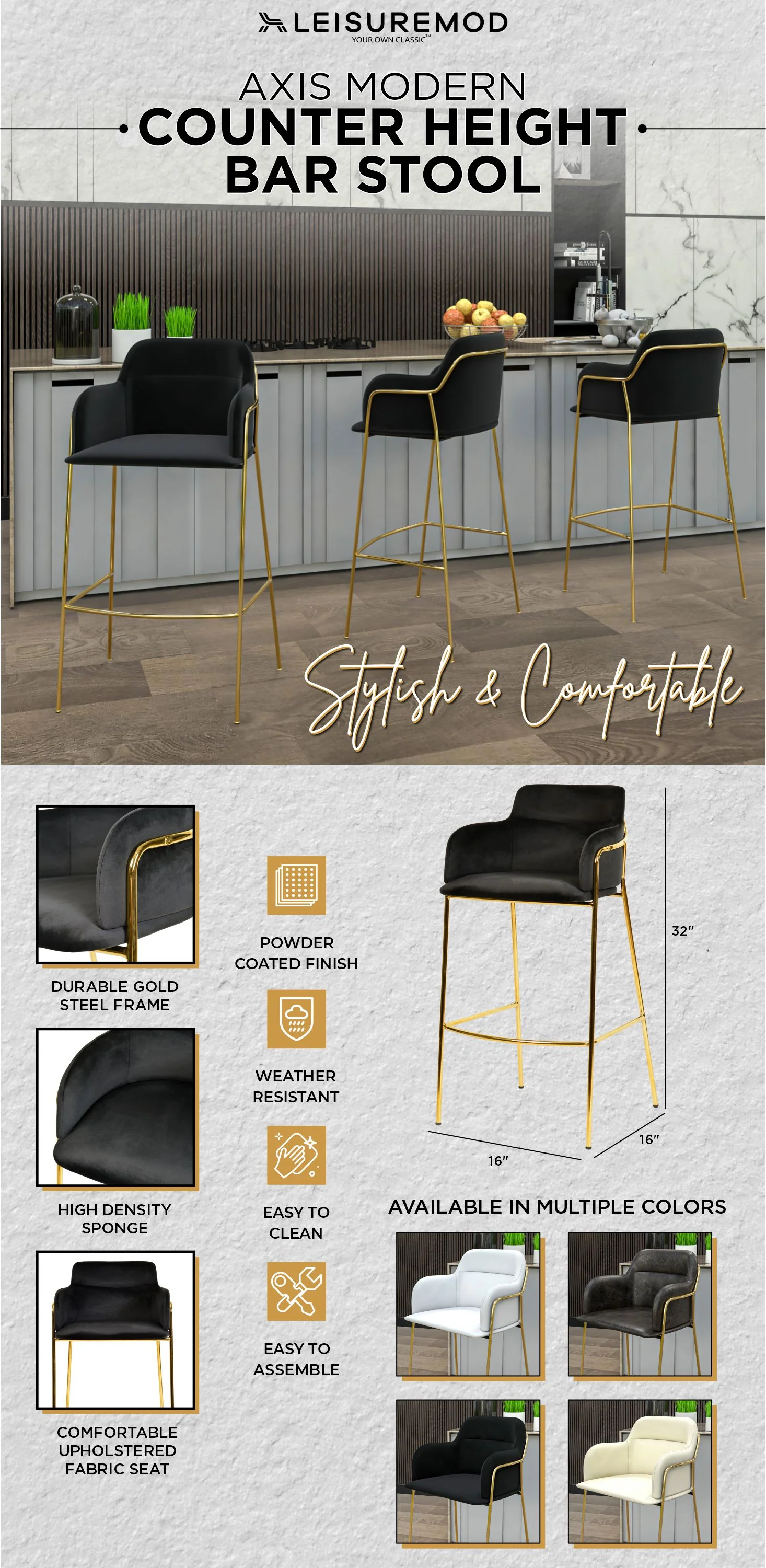 Axis Collection Modern Gold Bar height Chair in Black