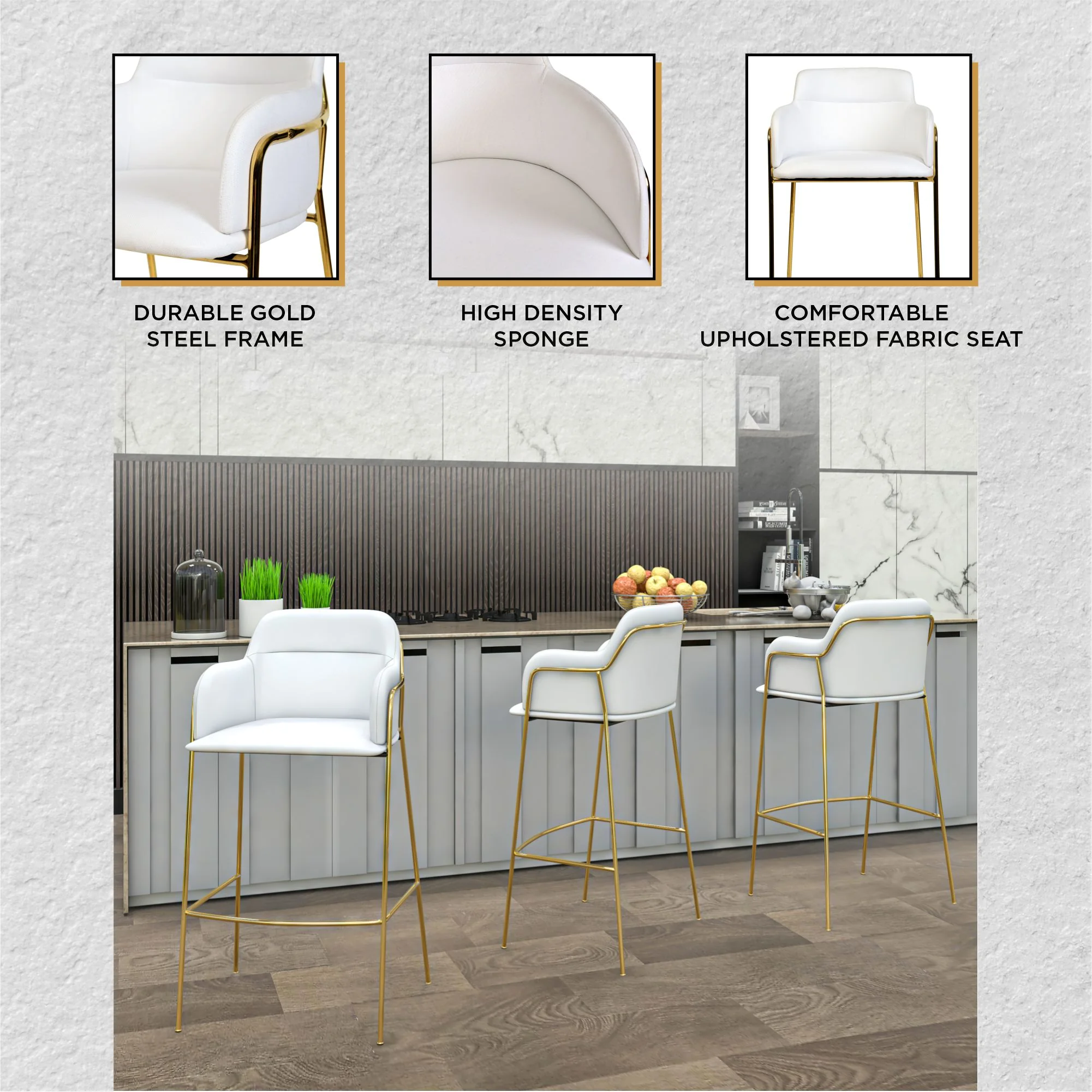 Axis Collection Modern Gold Bar height Chair in White