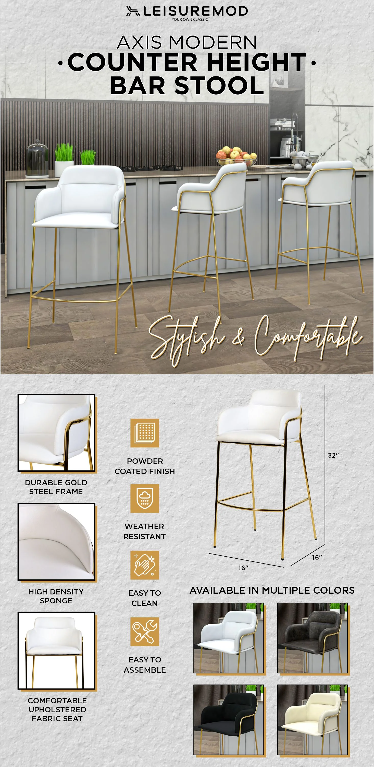 Axis Collection Modern Gold Bar height Chair in White