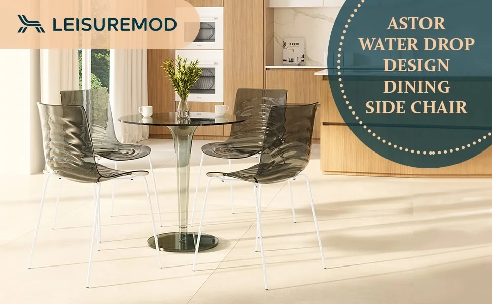 Astor Water Ripple Design Dining Chair in White Base Trans Black Seat Set of 2