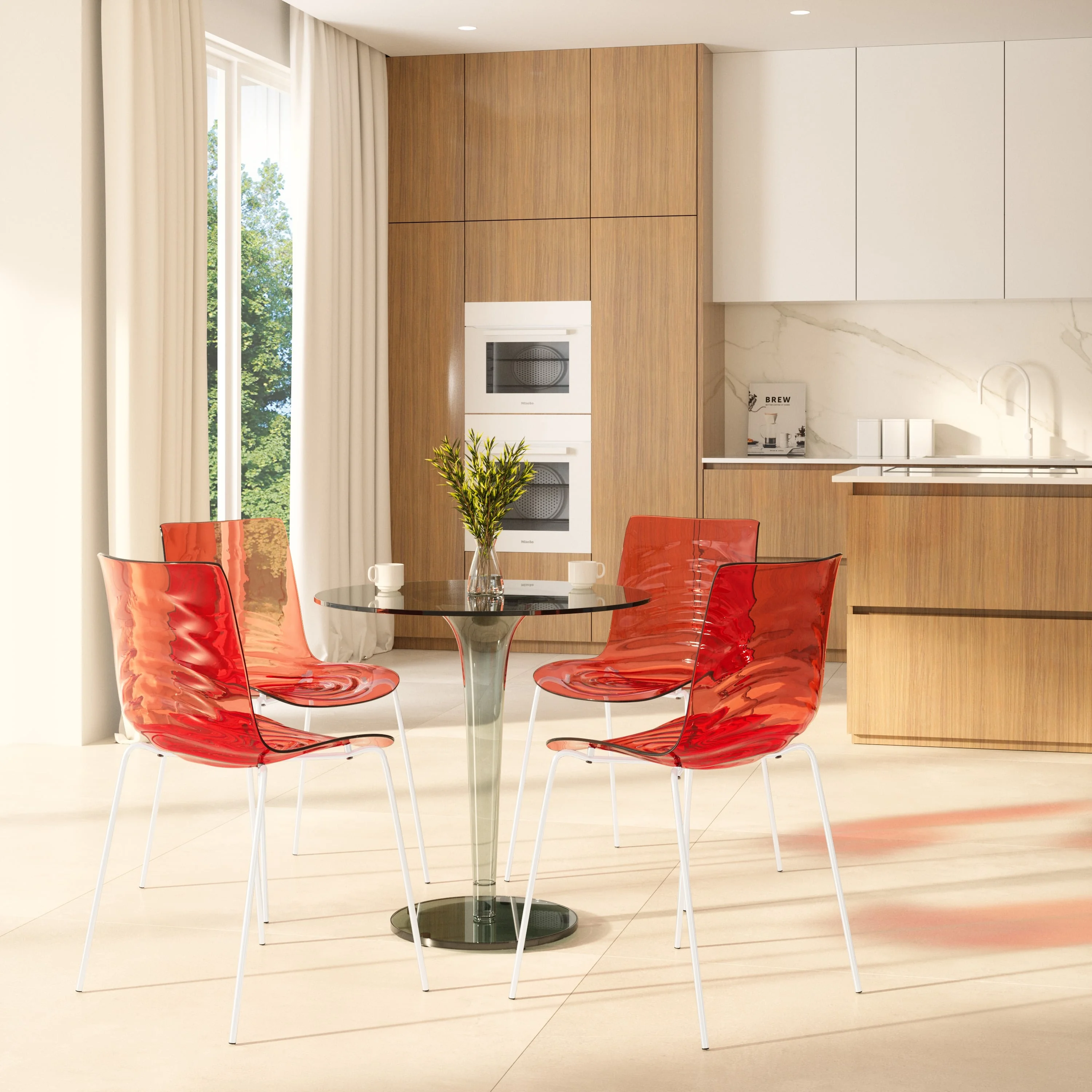 Astor Water Ripple Design Dining Chair in White Base Trans Red Seat Set of 4
