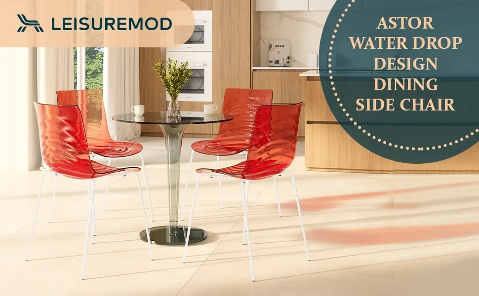 Astor Water Ripple Design Dining Chair in White Base Trans Red Seat Set of 4