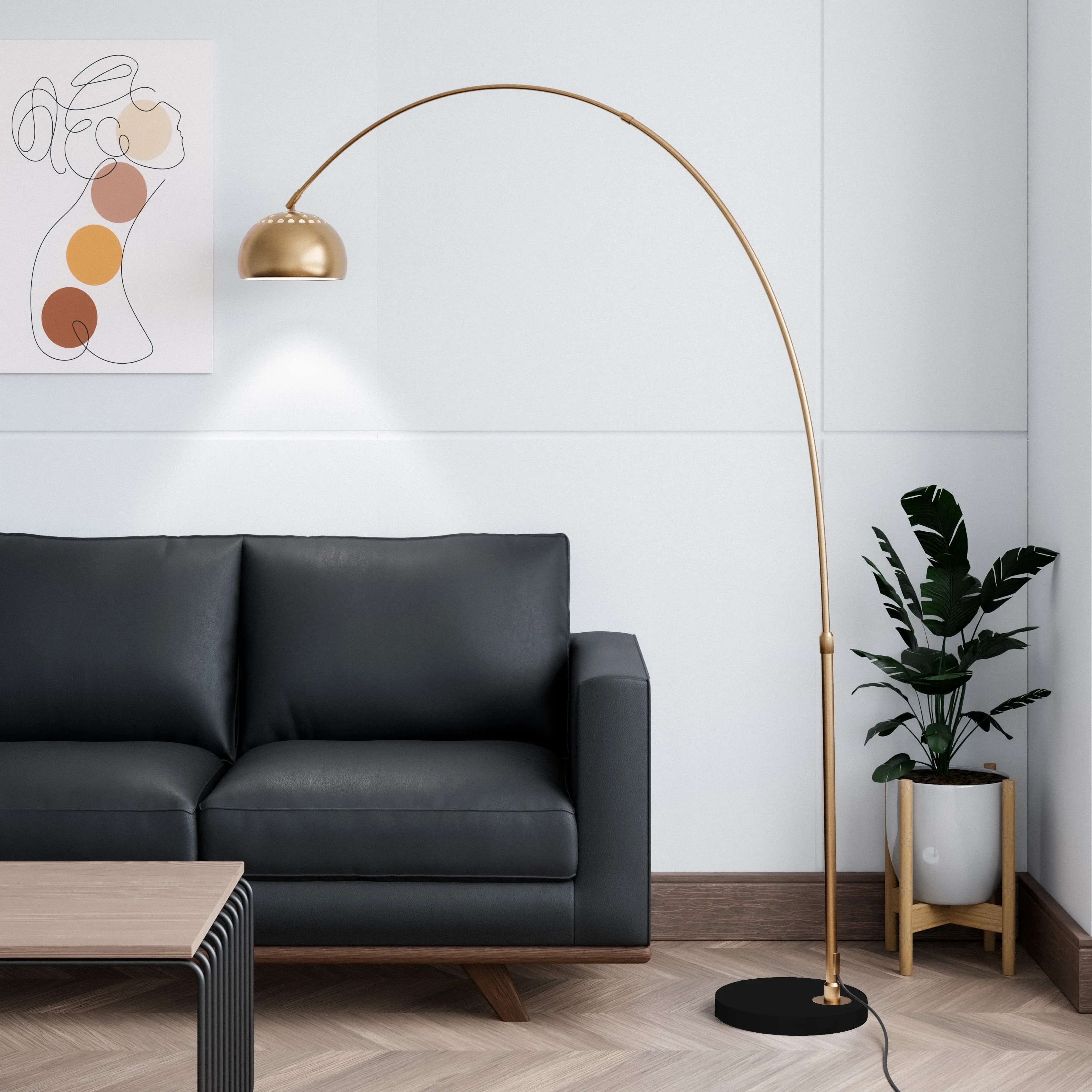 Arco Mid-Century Modern Arched Floor Lamp 75.6" Height with Black Round Marble Base and Metal Dome Lamp Shade for Living Room and Bedroom