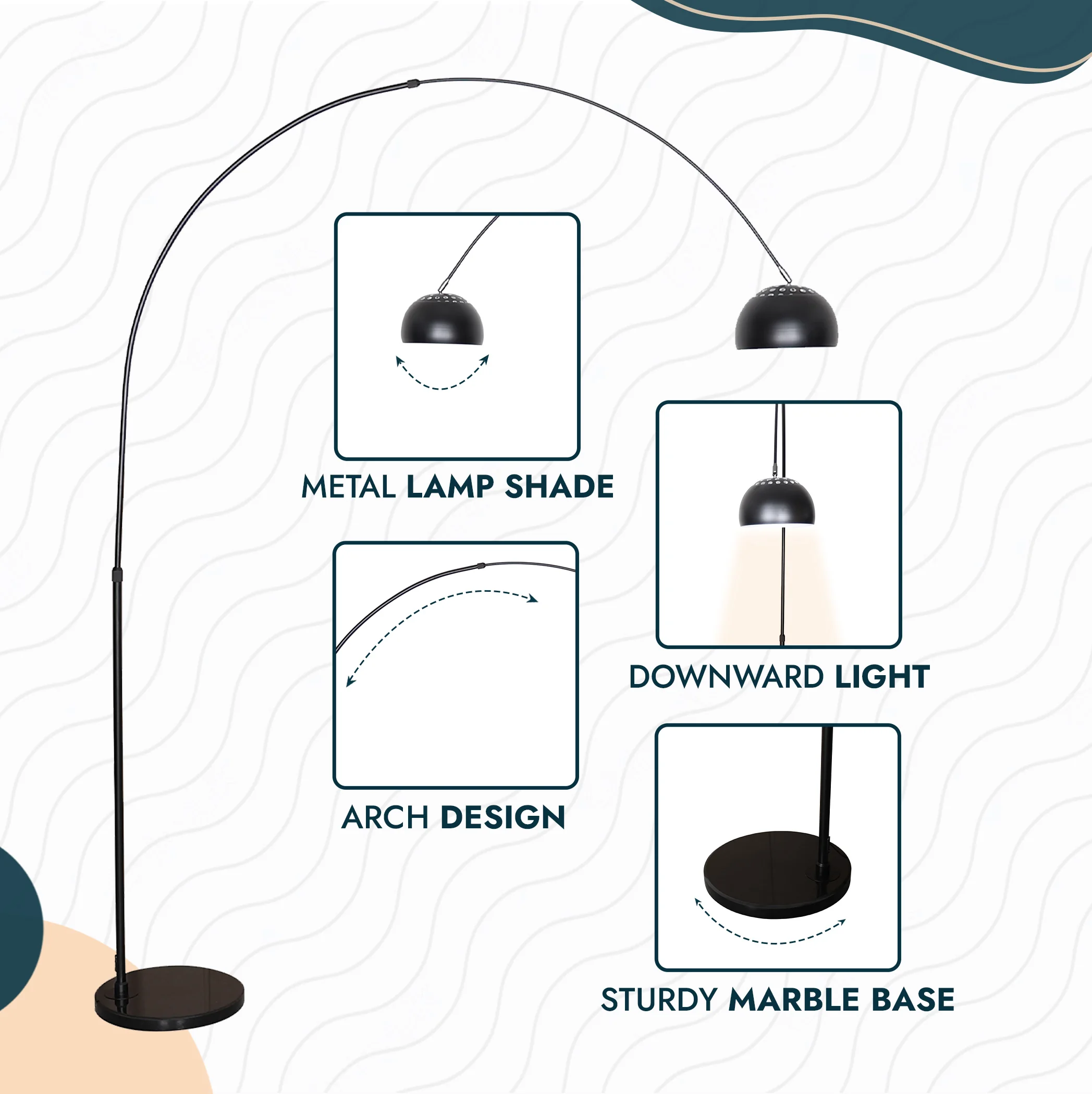 Arco Mid-Century Modern Arched Floor Lamp 75.6" Height with Black Round Marble Base and Metal Dome Lamp Shade for Living Room and Bedroom