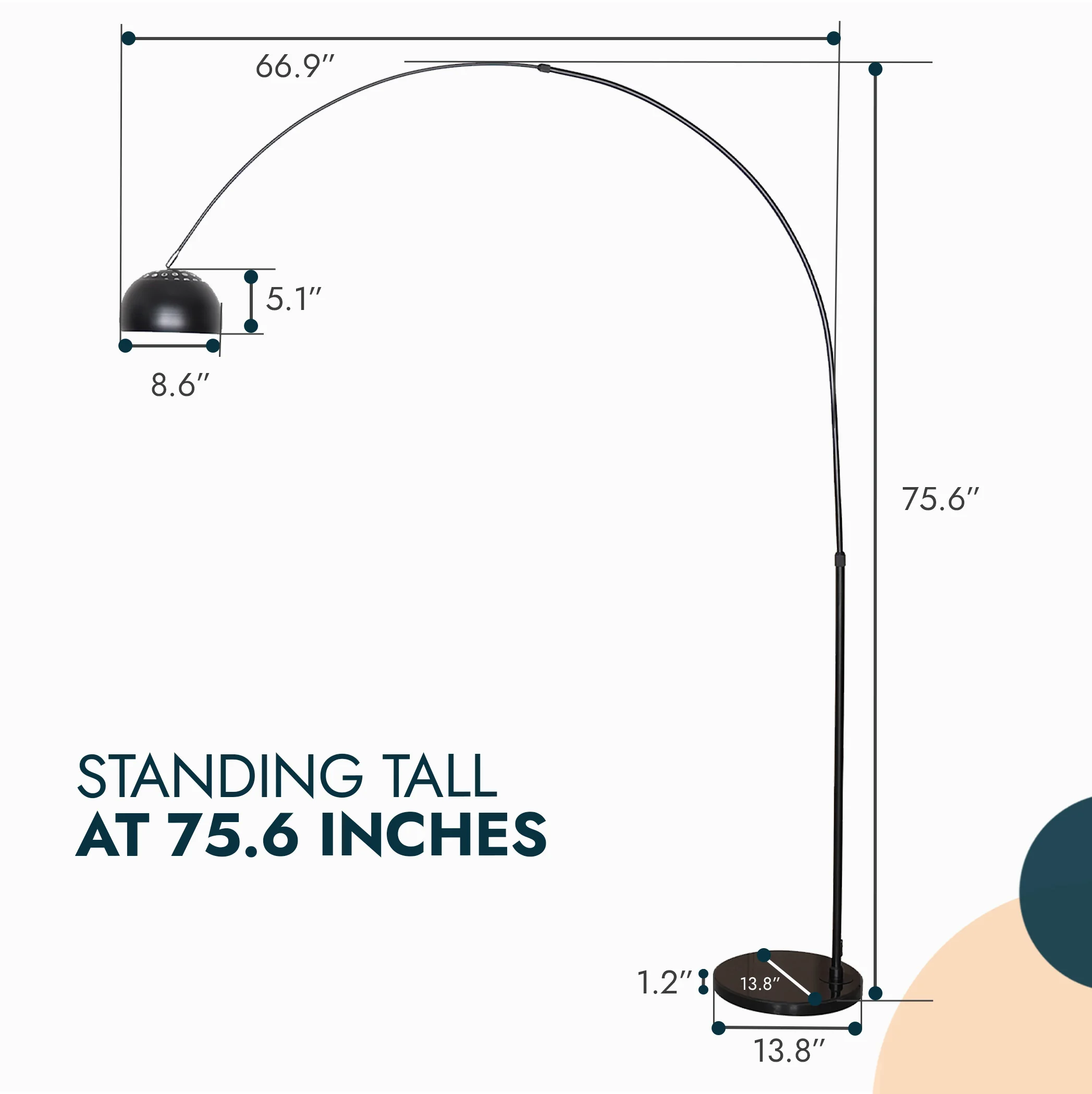 Arco Mid-Century Modern Arched Floor Lamp 75.6" Height with Black Round Marble Base and Metal Dome Lamp Shade for Living Room and Bedroom