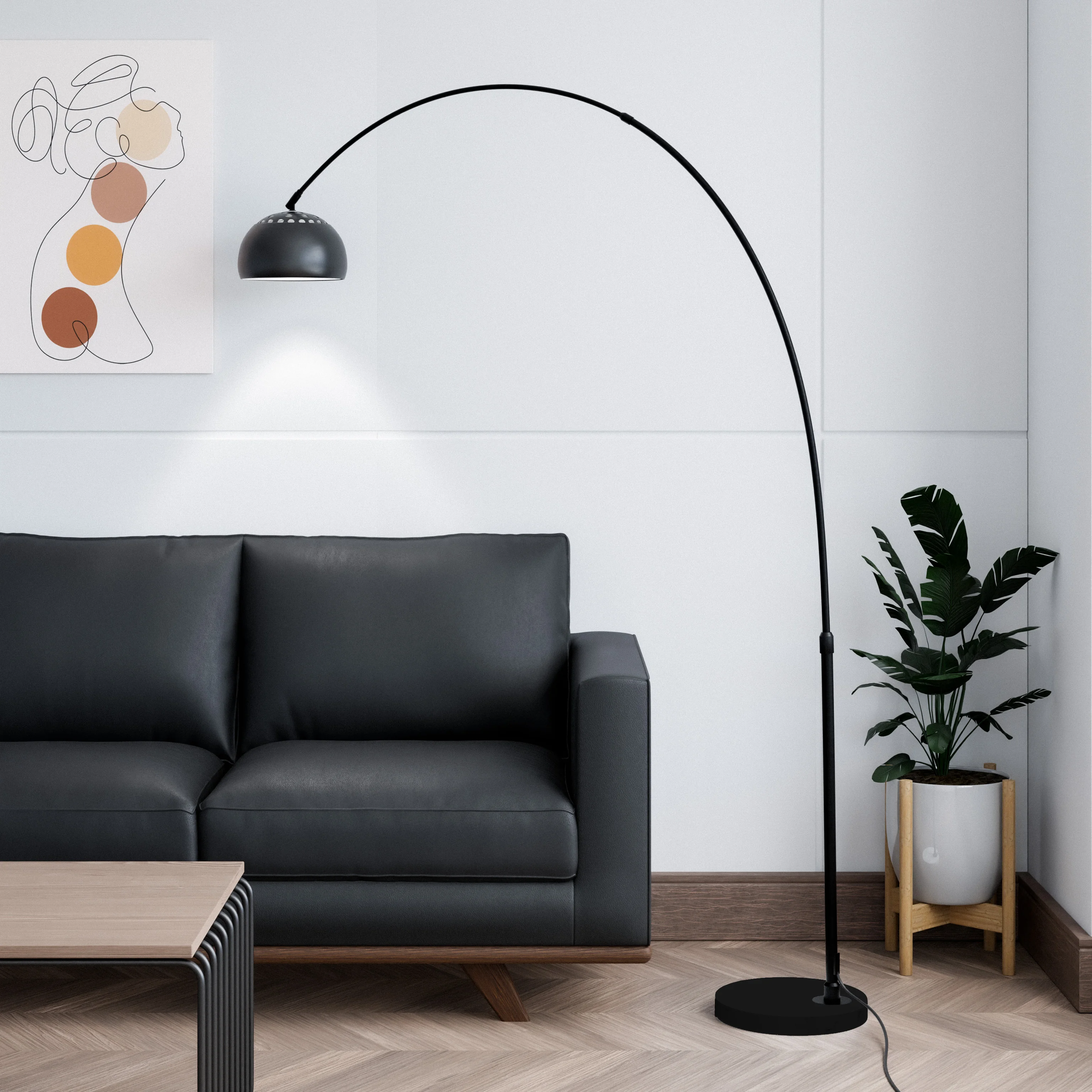 Arco Mid-Century Modern Arched Floor Lamp 75.6" Height with Black Round Marble Base and Metal Dome Lamp Shade for Living Room and Bedroom