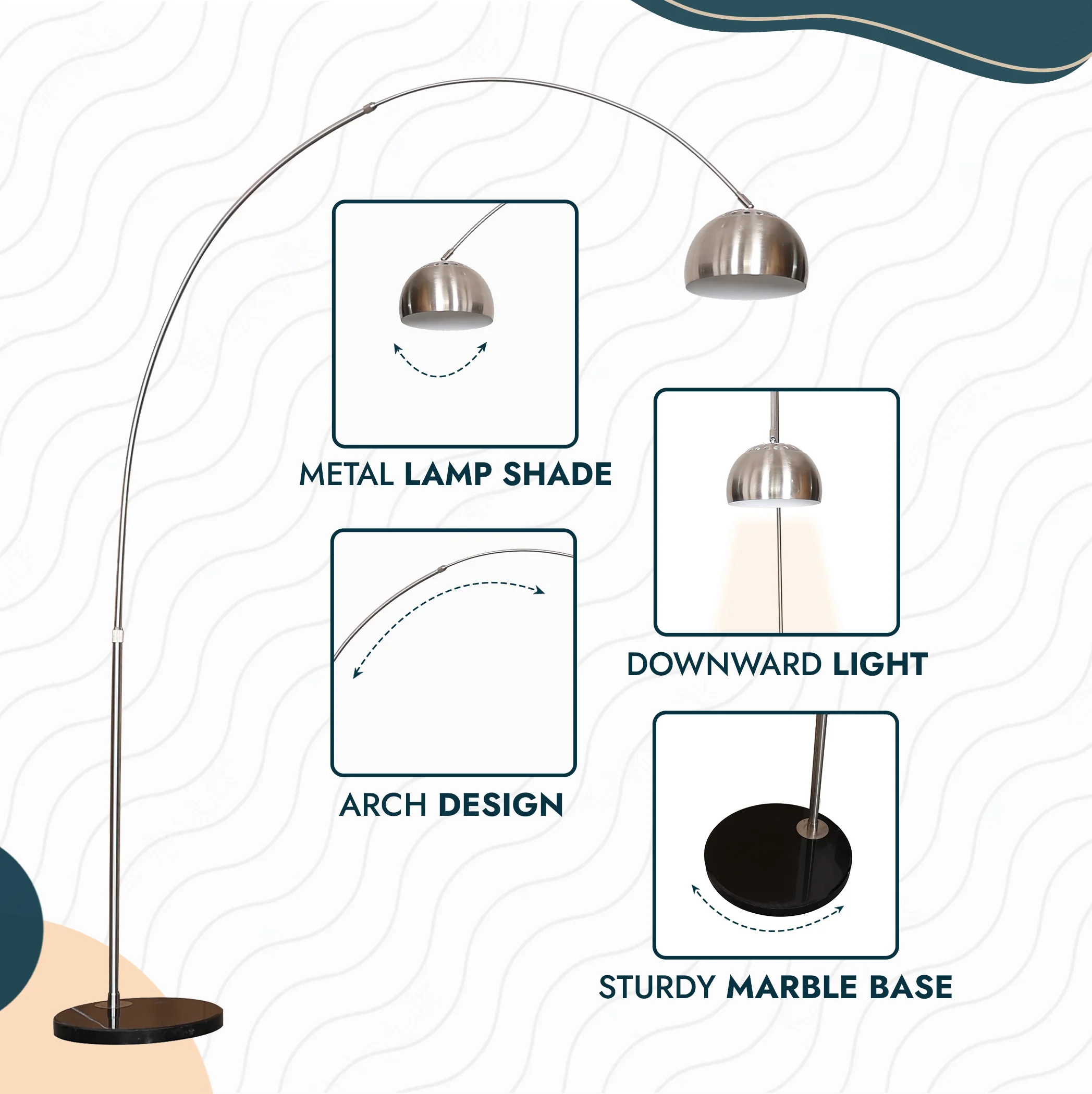 Arco Mid-Century Modern Arched Floor Lamp 75.6" Height with Black Round Marble Base and Metal Dome Lamp Shade for Living Room and Bedroom