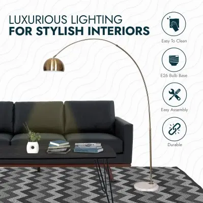 Arco Mid-Century Modern Arched Floor Lamp 75.6" Height with White Round Marble Base and Metal Dome Lamp Shade for Living Room and Bedroom