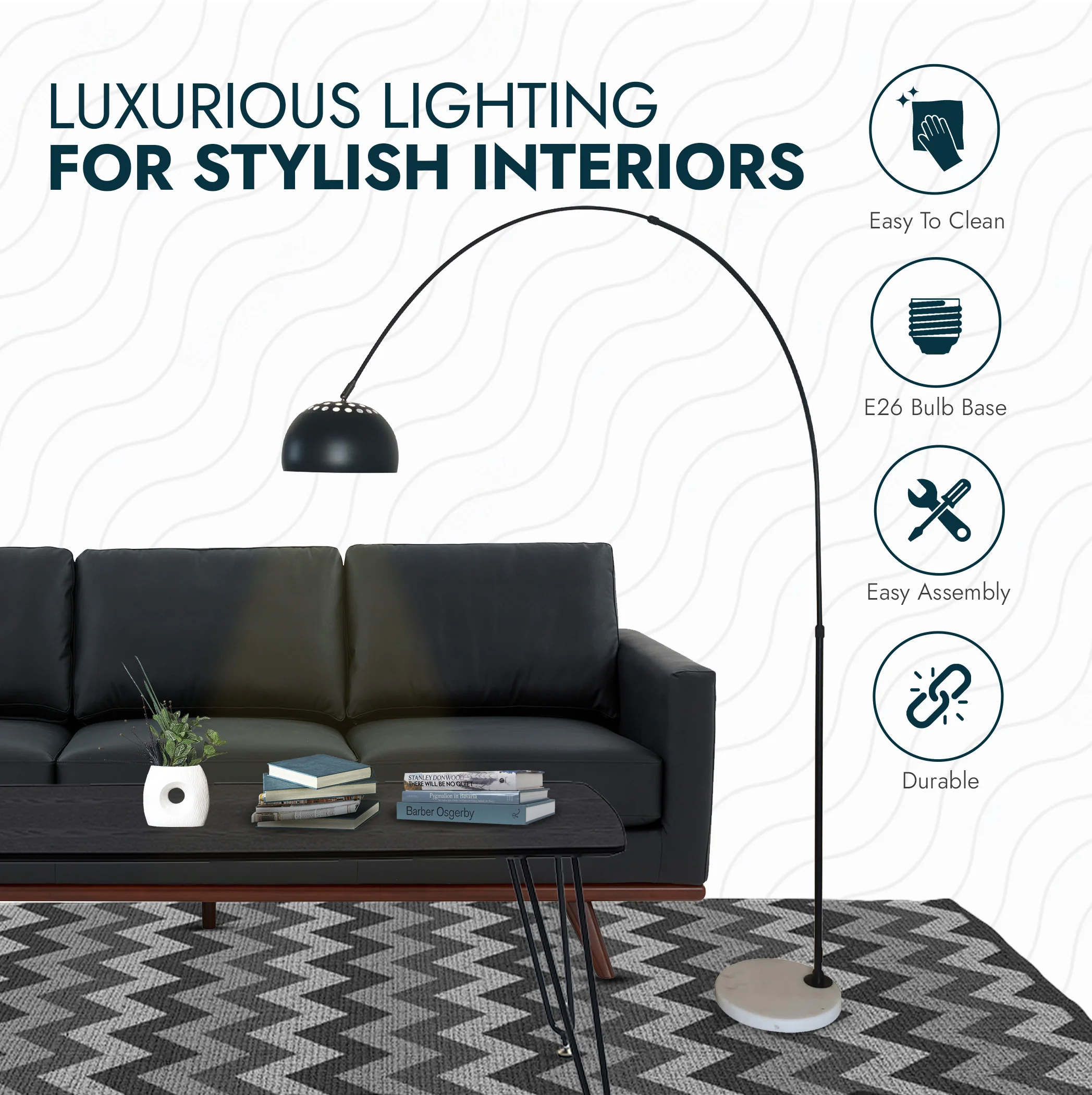 Arco Mid-Century Modern Arched Floor Lamp 75.6" Height with White Round Marble Base and Metal Dome Lamp Shade for Living Room and Bedroom