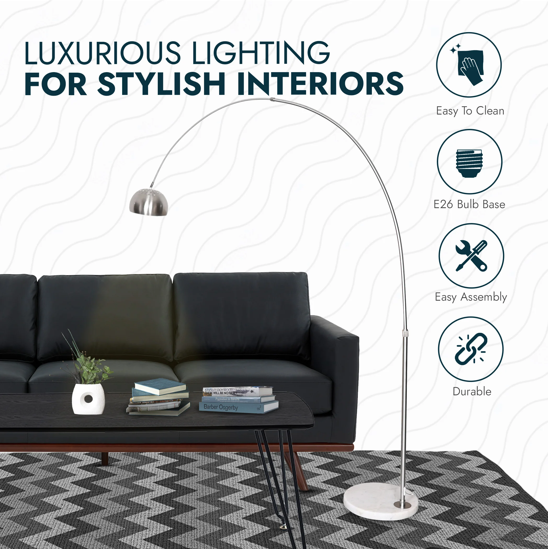 Arco Mid-Century Modern Arched Floor Lamp 75.6" Height with White Round Marble Base and Metal Dome Lamp Shade for Living Room and Bedroom