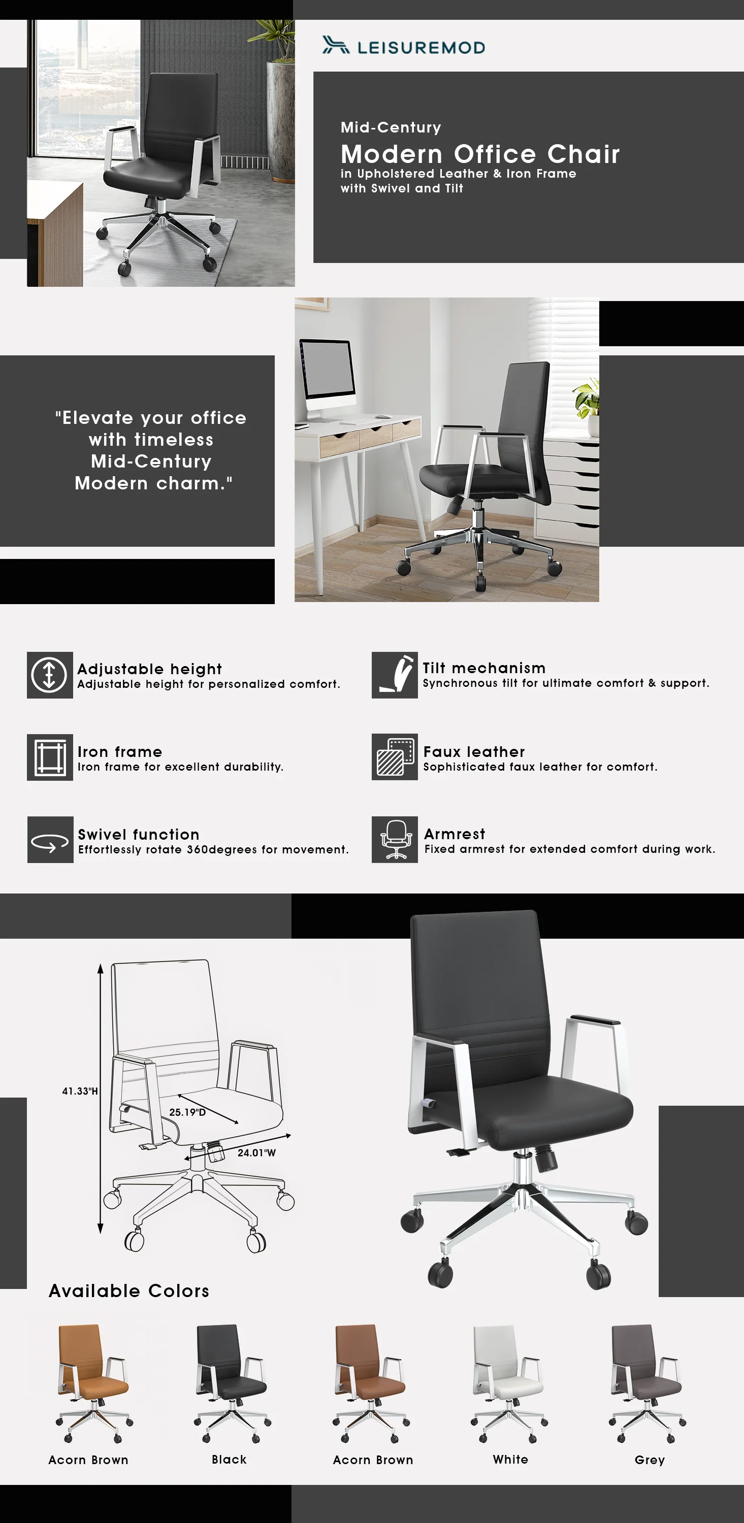 Aleen Office Chair in Upholstered Leather and Iron Frame with Swivel and Tilt in Black