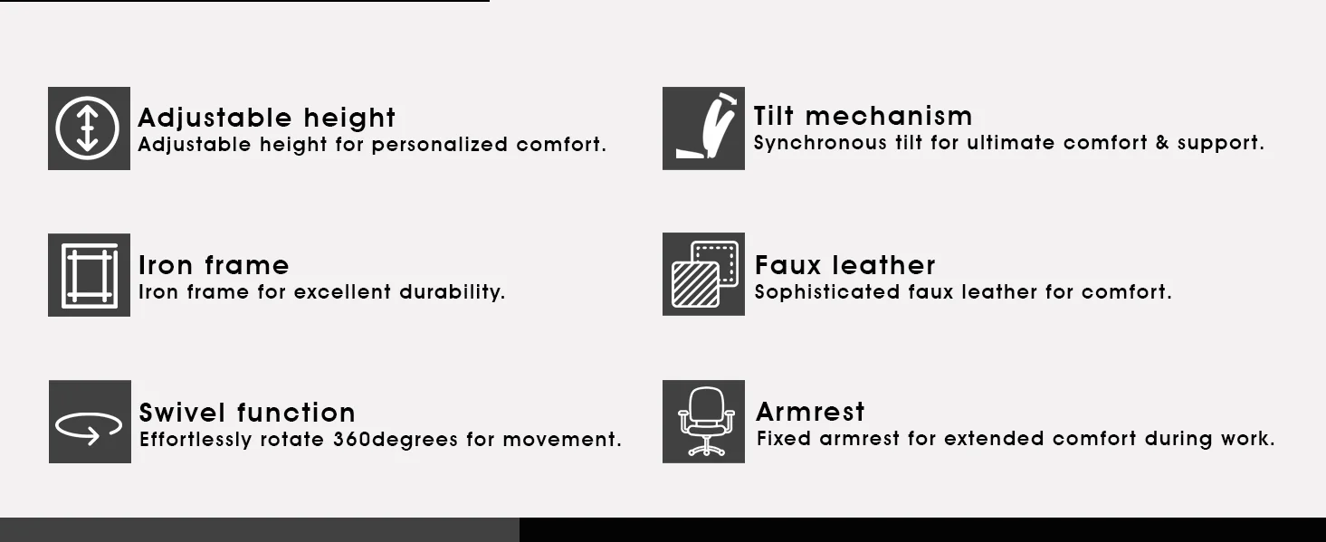 Aleen Office Chair in Upholstered Leather and Iron Frame with Swivel and Tilt in Black