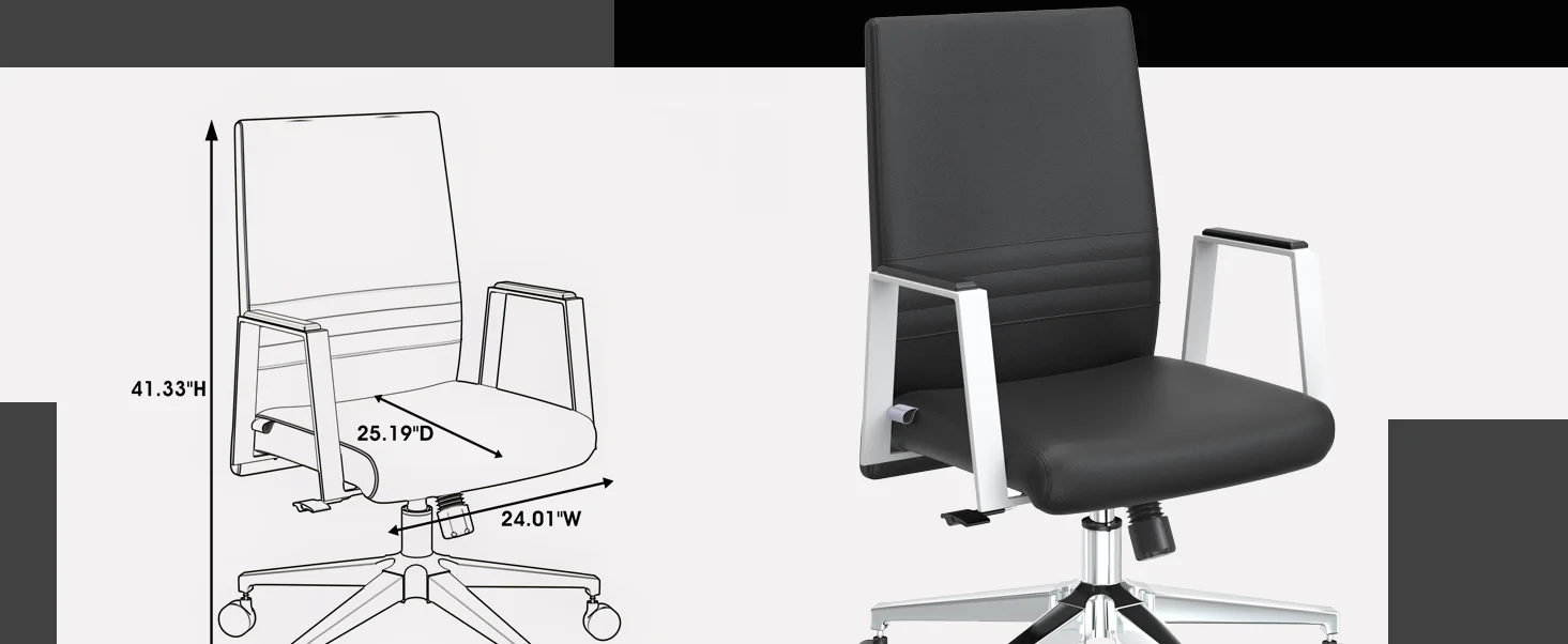 Aleen Office Chair in Upholstered Leather and Iron Frame with Swivel and Tilt in Black