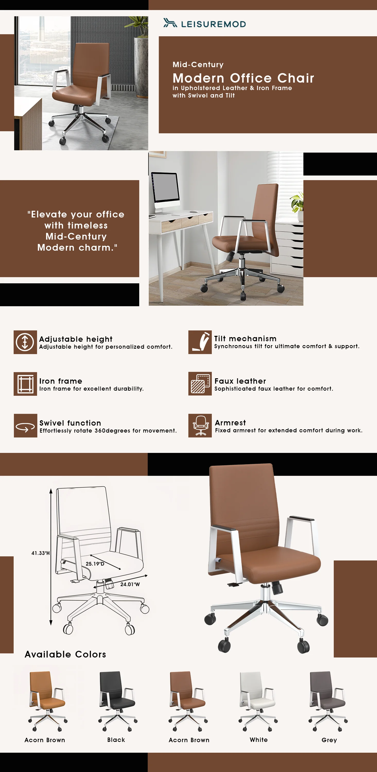 Aleen Office Chair in Upholstered Leather and Iron Frame with Swivel and Tilt in Dark Brown